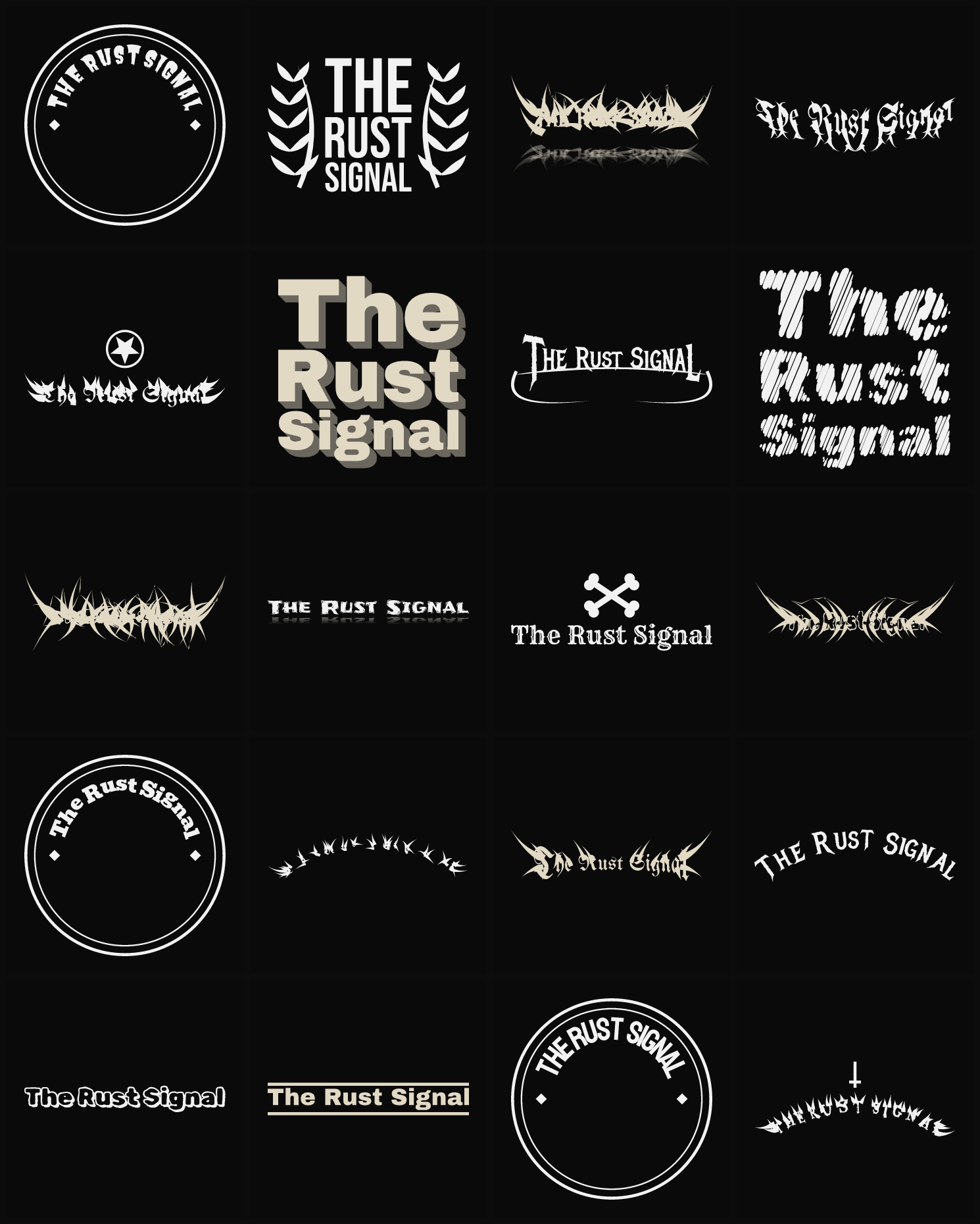 Twenty The Rust Signal band logo ideas — different faces, treatments and spike settings