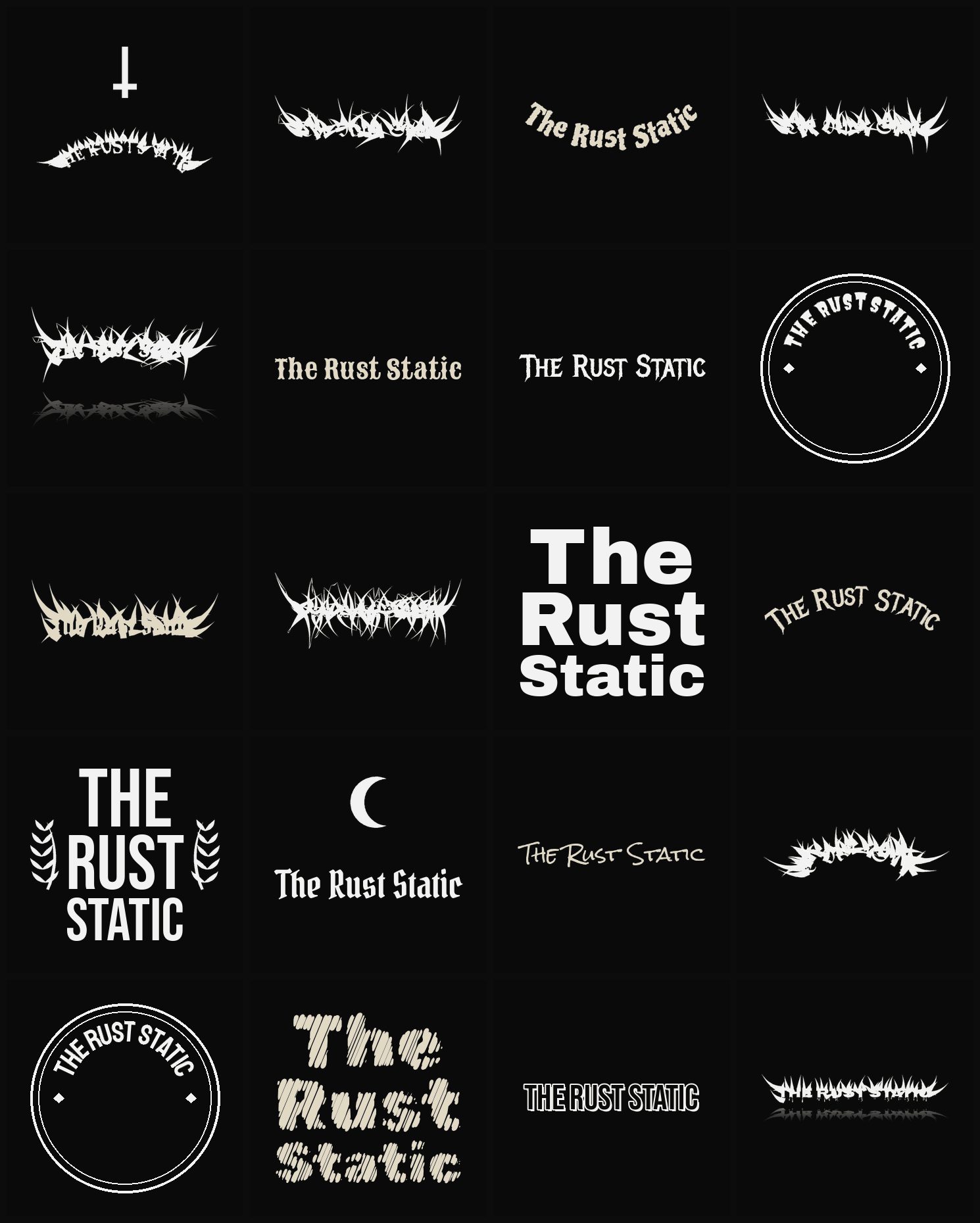 Twenty The Rust Static band logo ideas — different faces, treatments and spike settings