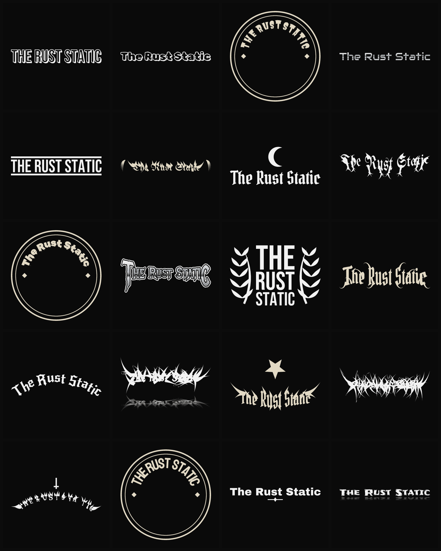 Twenty The Rust Static band logo ideas — different faces, treatments and spike settings