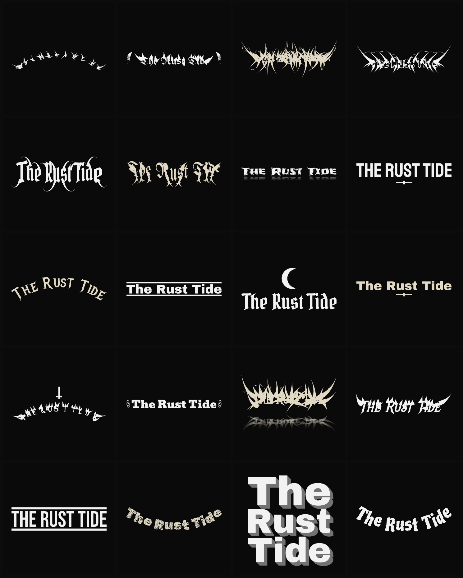 Twenty The Rust Tide band logo ideas — different faces, treatments and spike settings