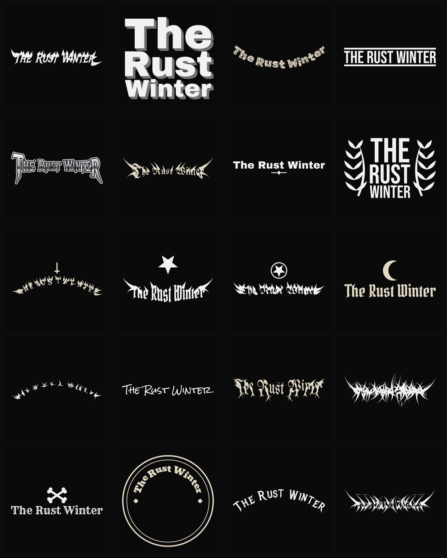 Twenty The Rust Winter band logo ideas — different faces, treatments and spike settings