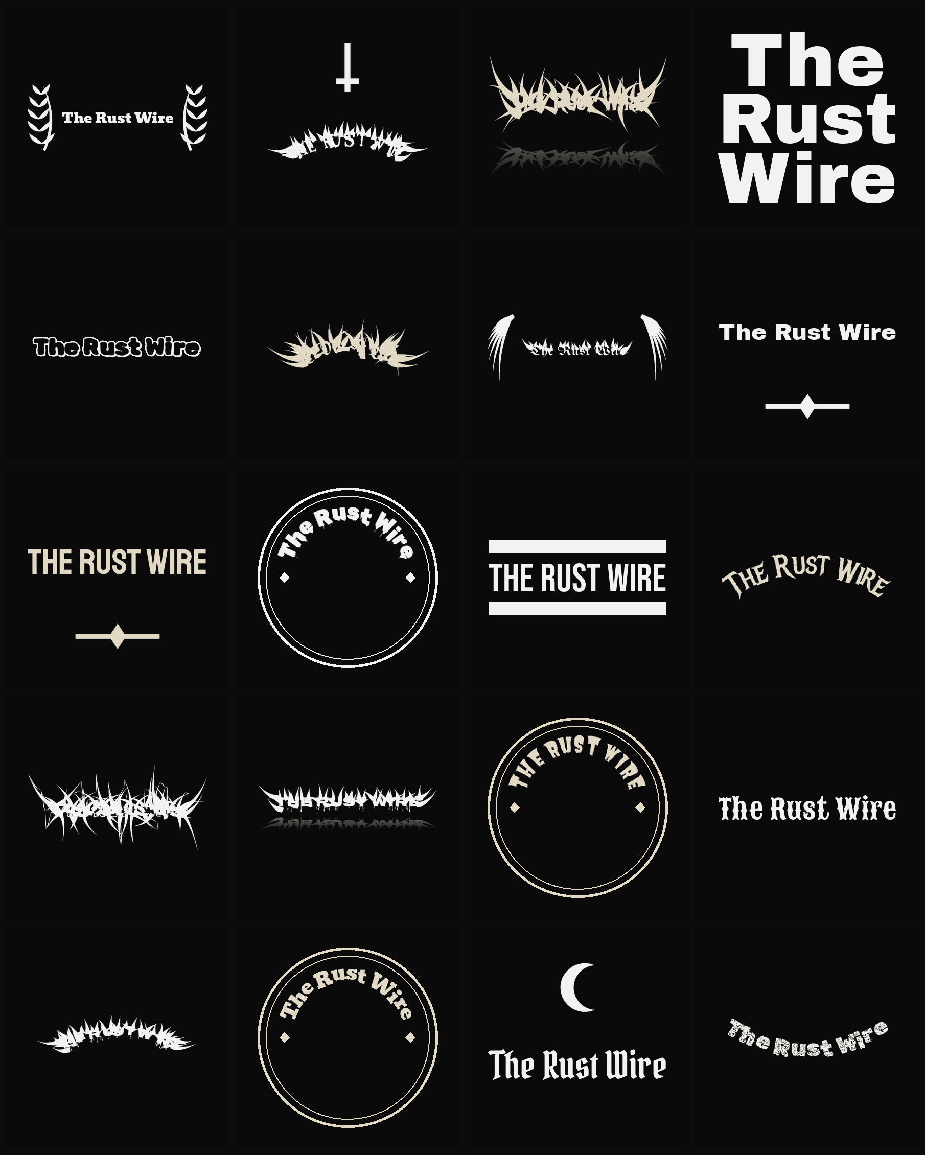 Twenty The Rust Wire band logo ideas — different faces, treatments and spike settings