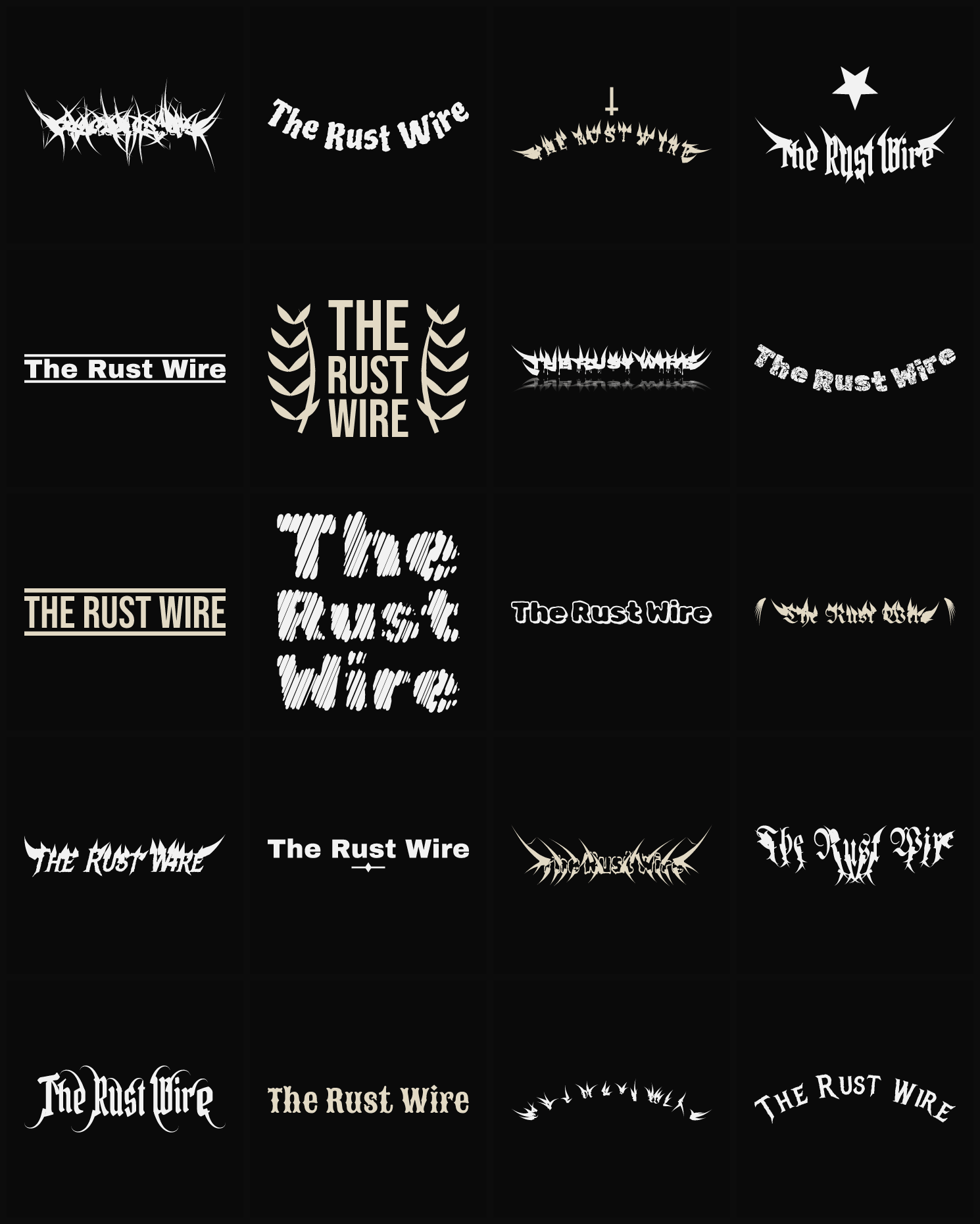 Twenty The Rust Wire band logo ideas — different faces, treatments and spike settings