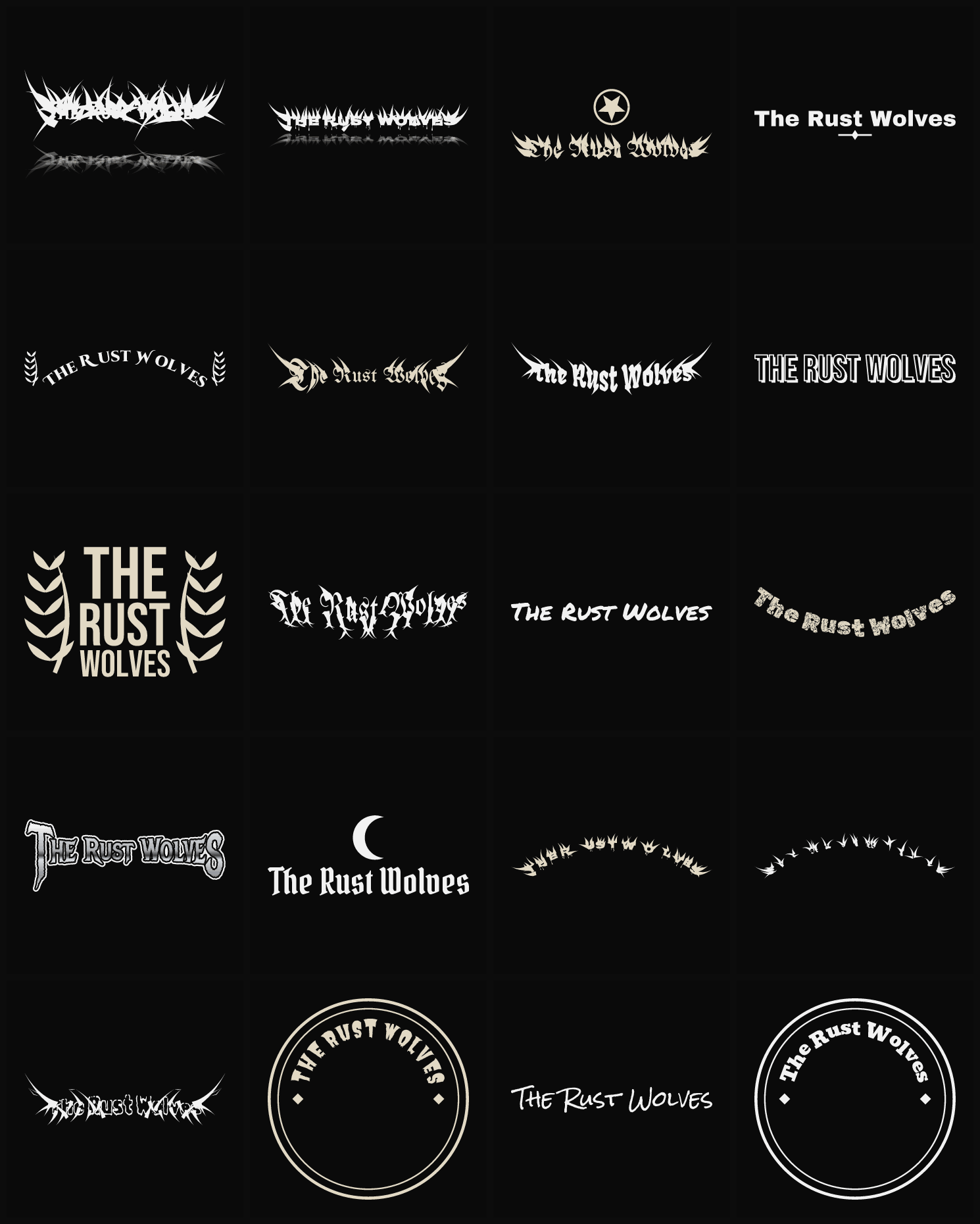Twenty The Rust Wolves band logo ideas — different faces, treatments and spike settings