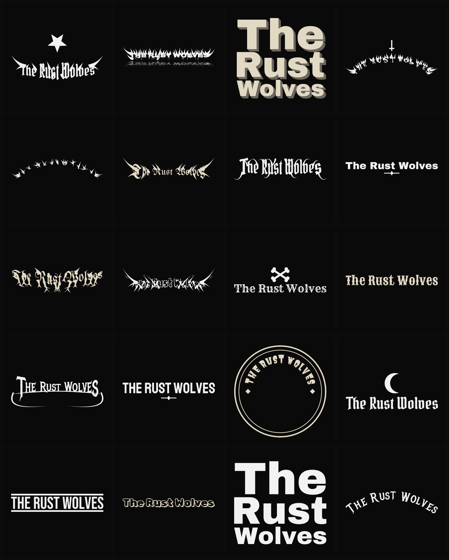 Twenty The Rust Wolves band logo ideas — different faces, treatments and spike settings