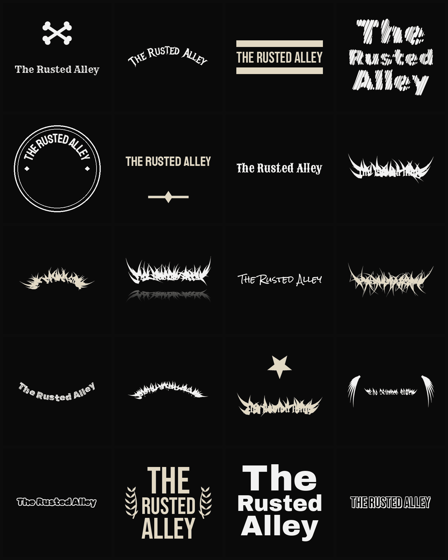 Twenty The Rusted Alley band logo ideas — different faces, treatments and spike settings