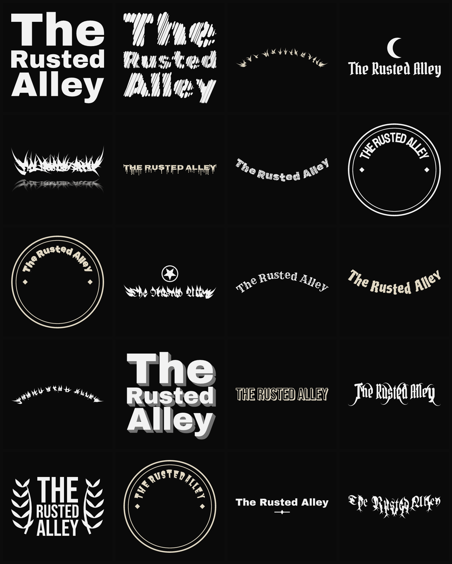 Twenty The Rusted Alley band logo ideas — different faces, treatments and spike settings