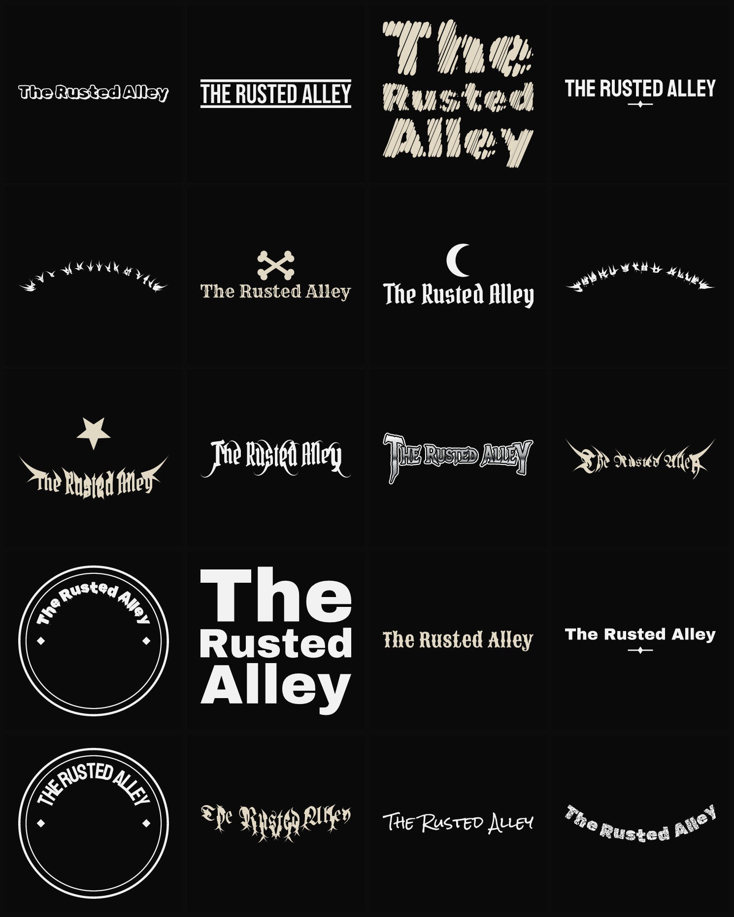 Twenty The Rusted Alley band logo ideas — different faces, treatments and spike settings