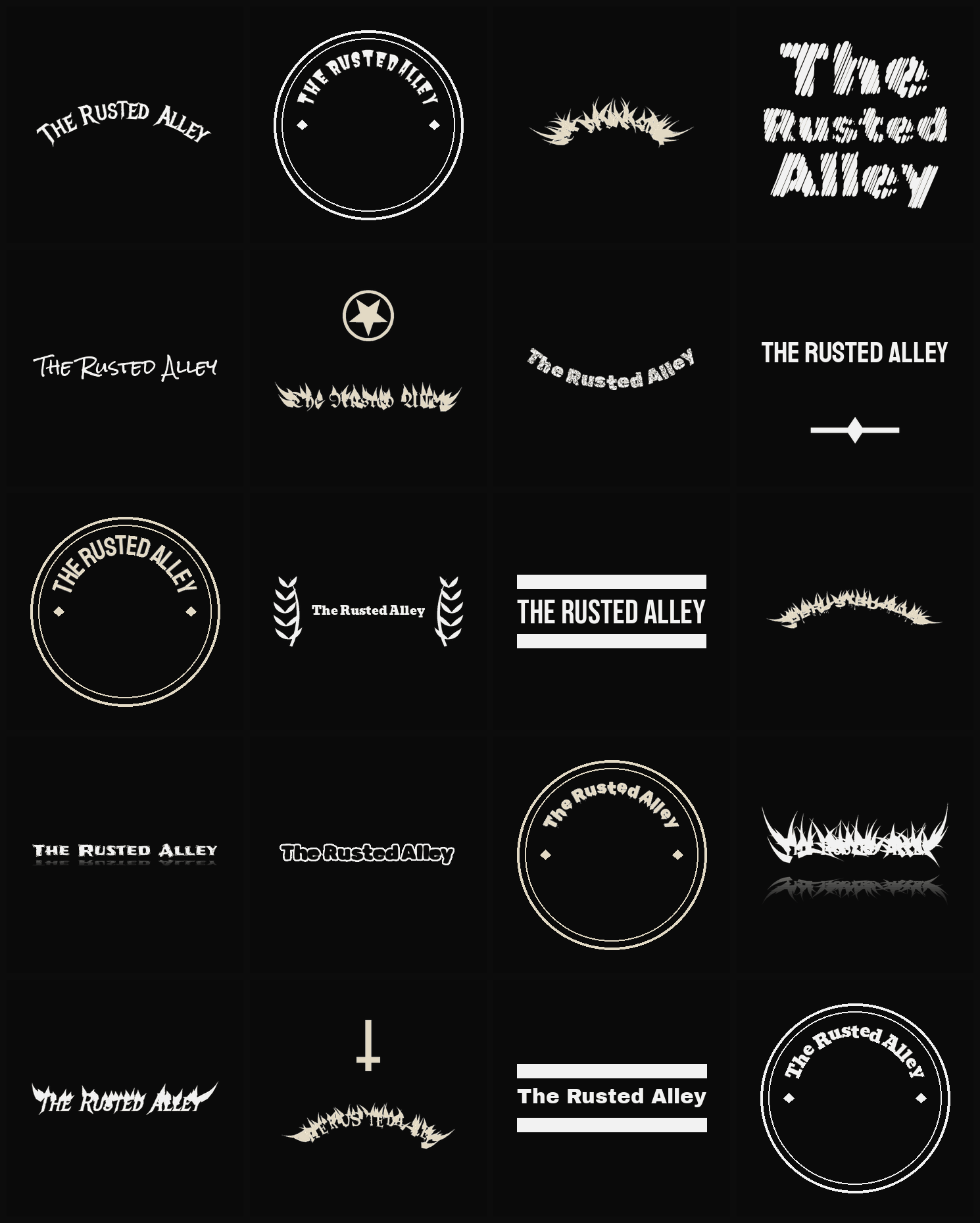 Twenty The Rusted Alley band logo ideas — different faces, treatments and spike settings