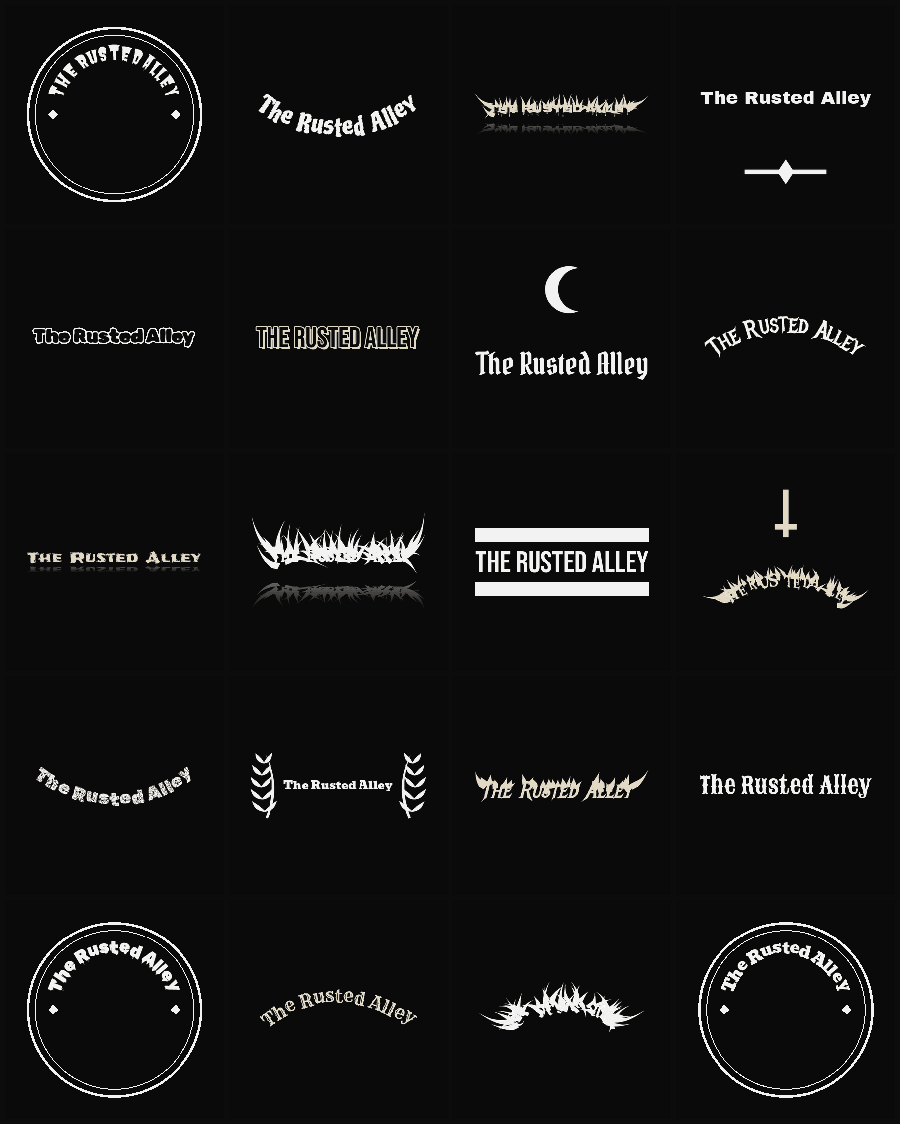 Twenty The Rusted Alley band logo ideas — different faces, treatments and spike settings