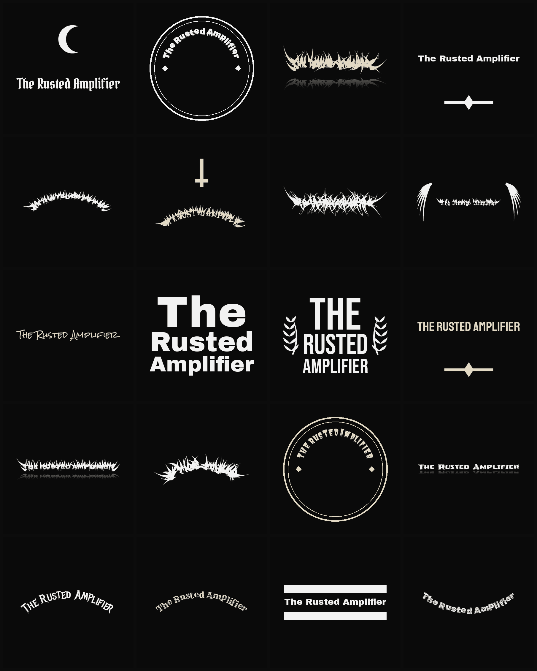 Twenty The Rusted Amplifier band logo ideas — different faces, treatments and spike settings