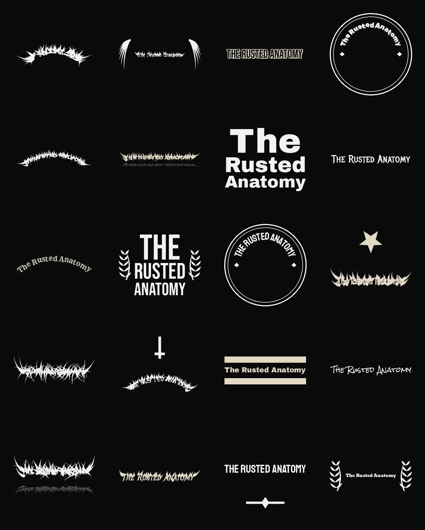 Twenty The Rusted Anatomy band logo ideas — different faces, treatments and spike settings