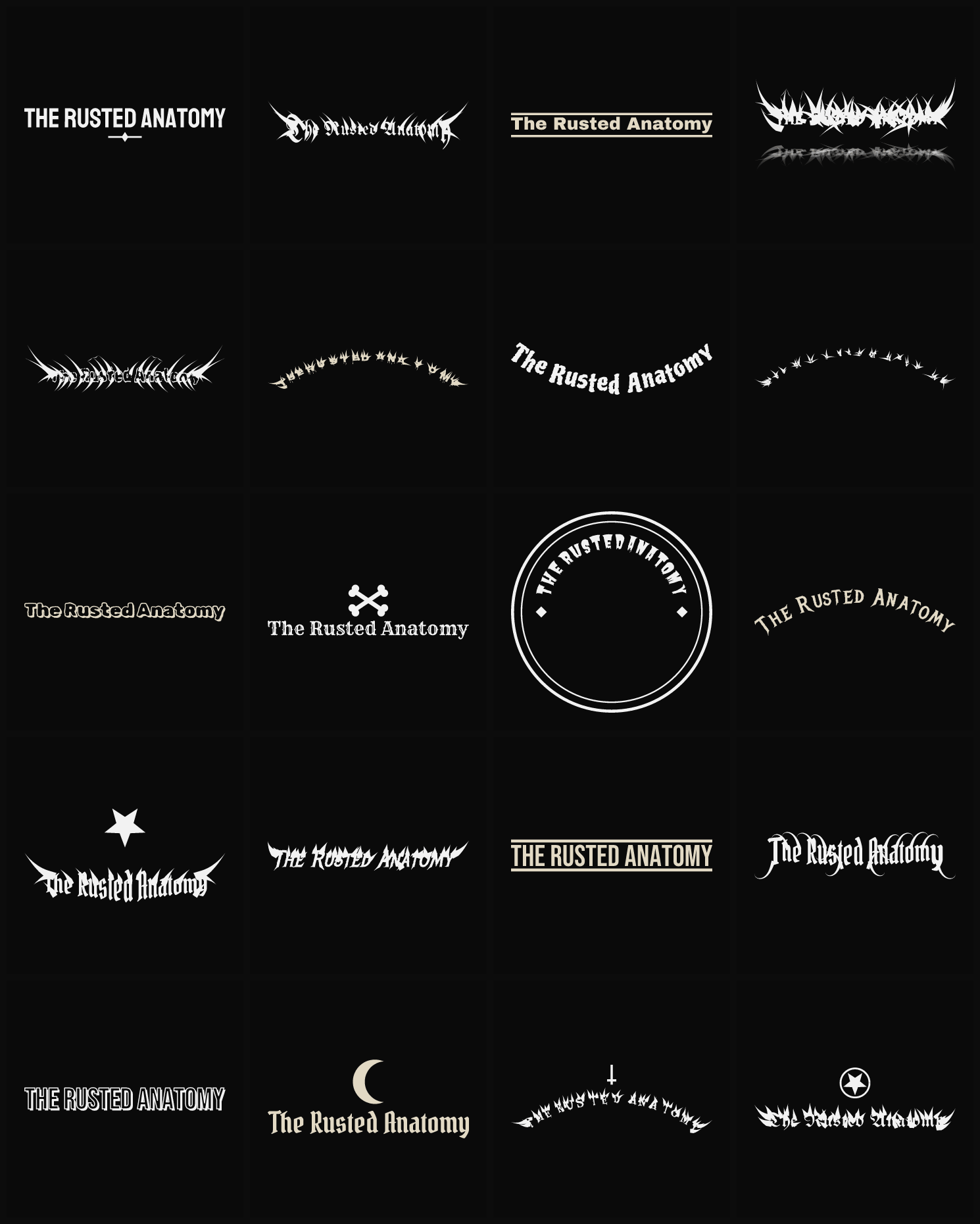 Twenty The Rusted Anatomy band logo ideas — different faces, treatments and spike settings