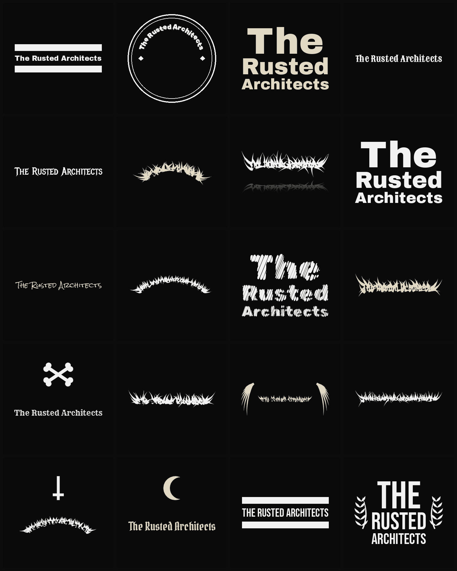 Twenty The Rusted Architects band logo ideas — different faces, treatments and spike settings