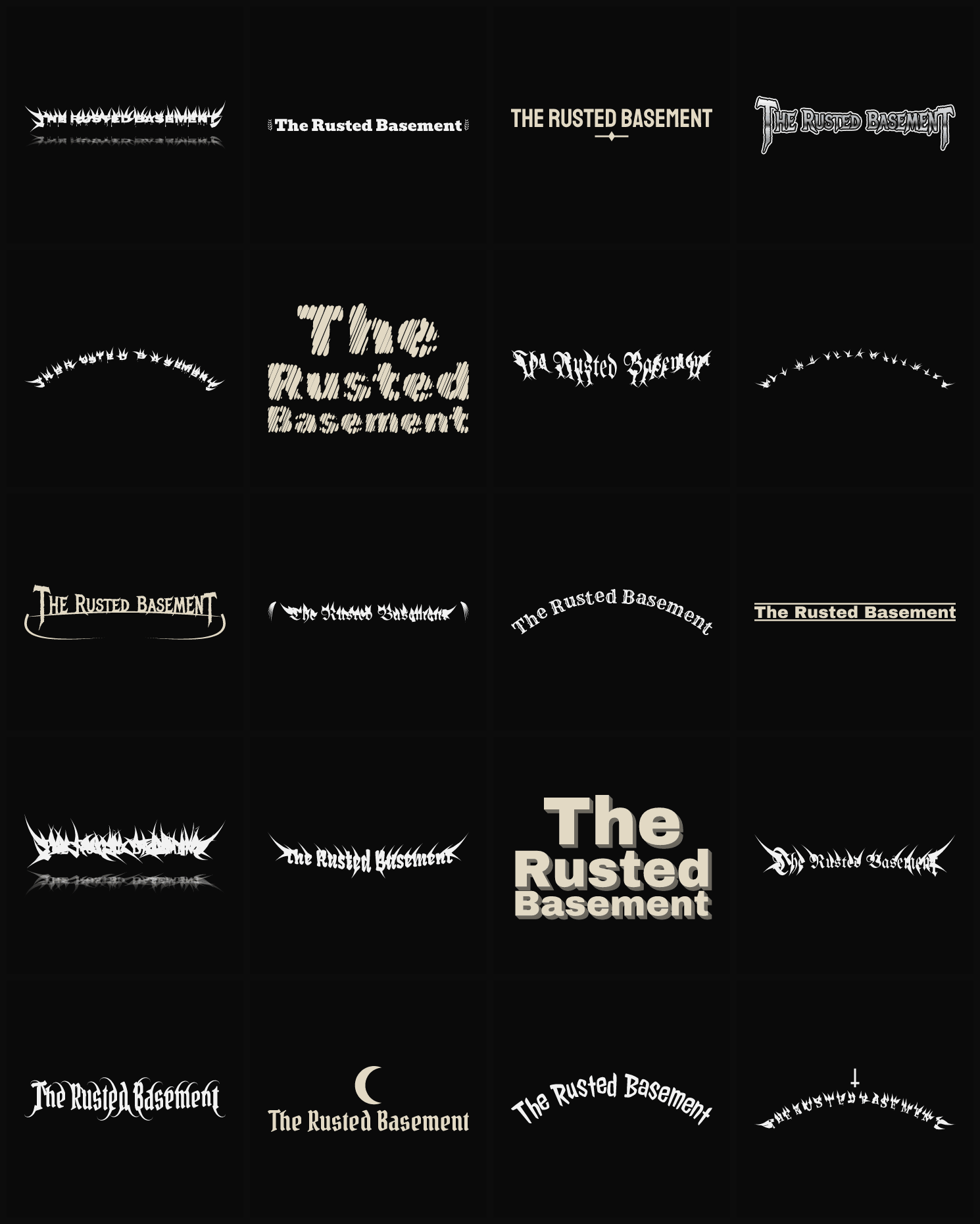Twenty The Rusted Basement band logo ideas — different faces, treatments and spike settings