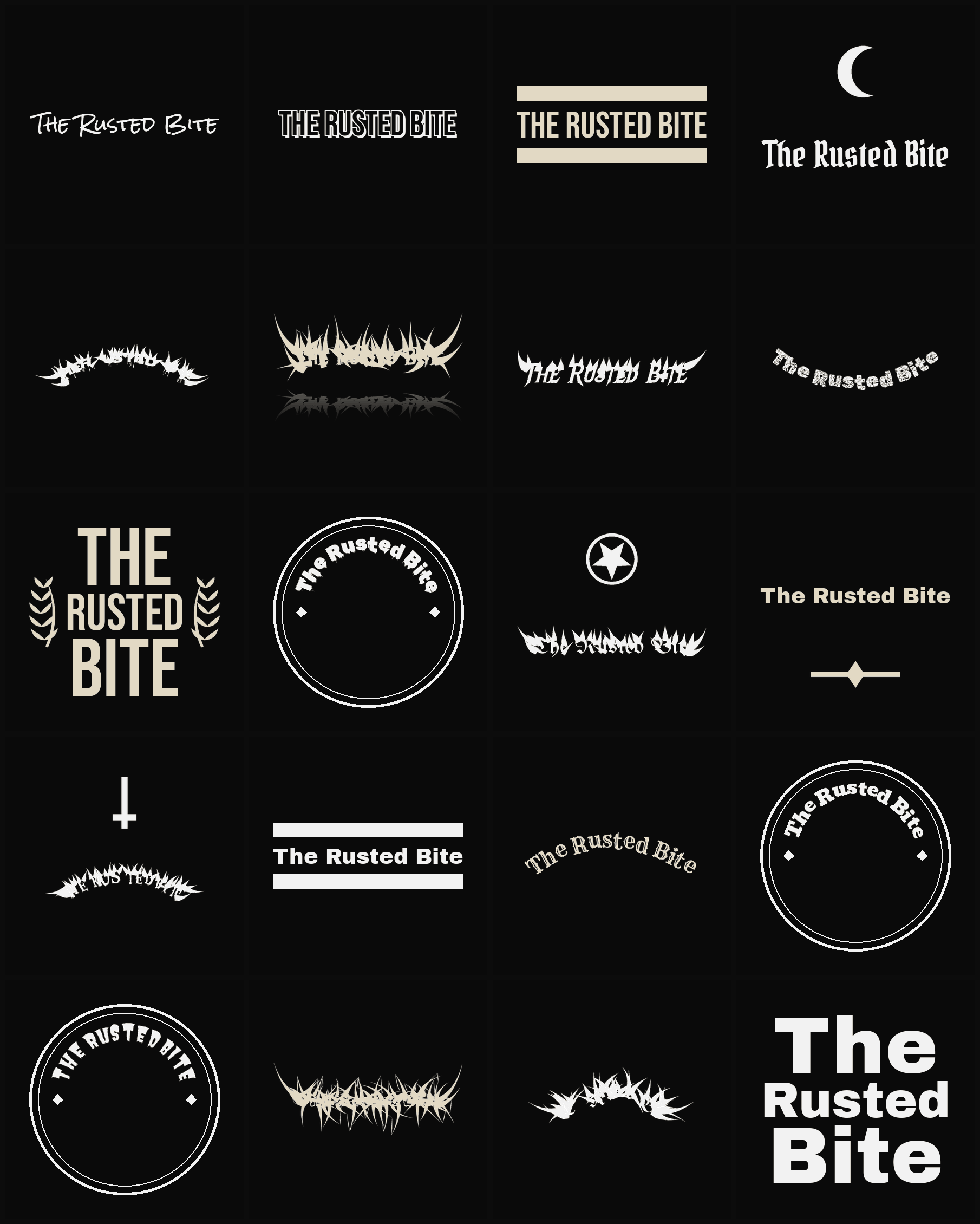 Twenty The Rusted Bite band logo ideas — different faces, treatments and spike settings