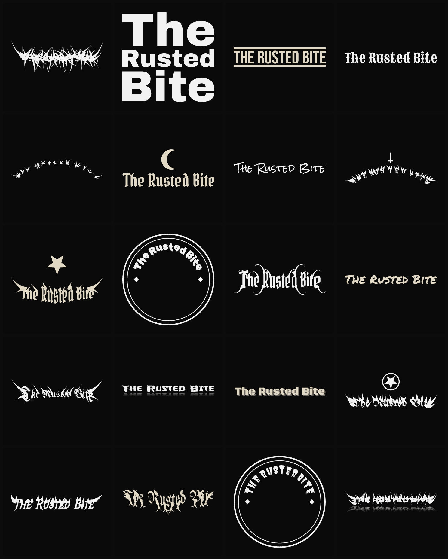 Twenty The Rusted Bite band logo ideas — different faces, treatments and spike settings