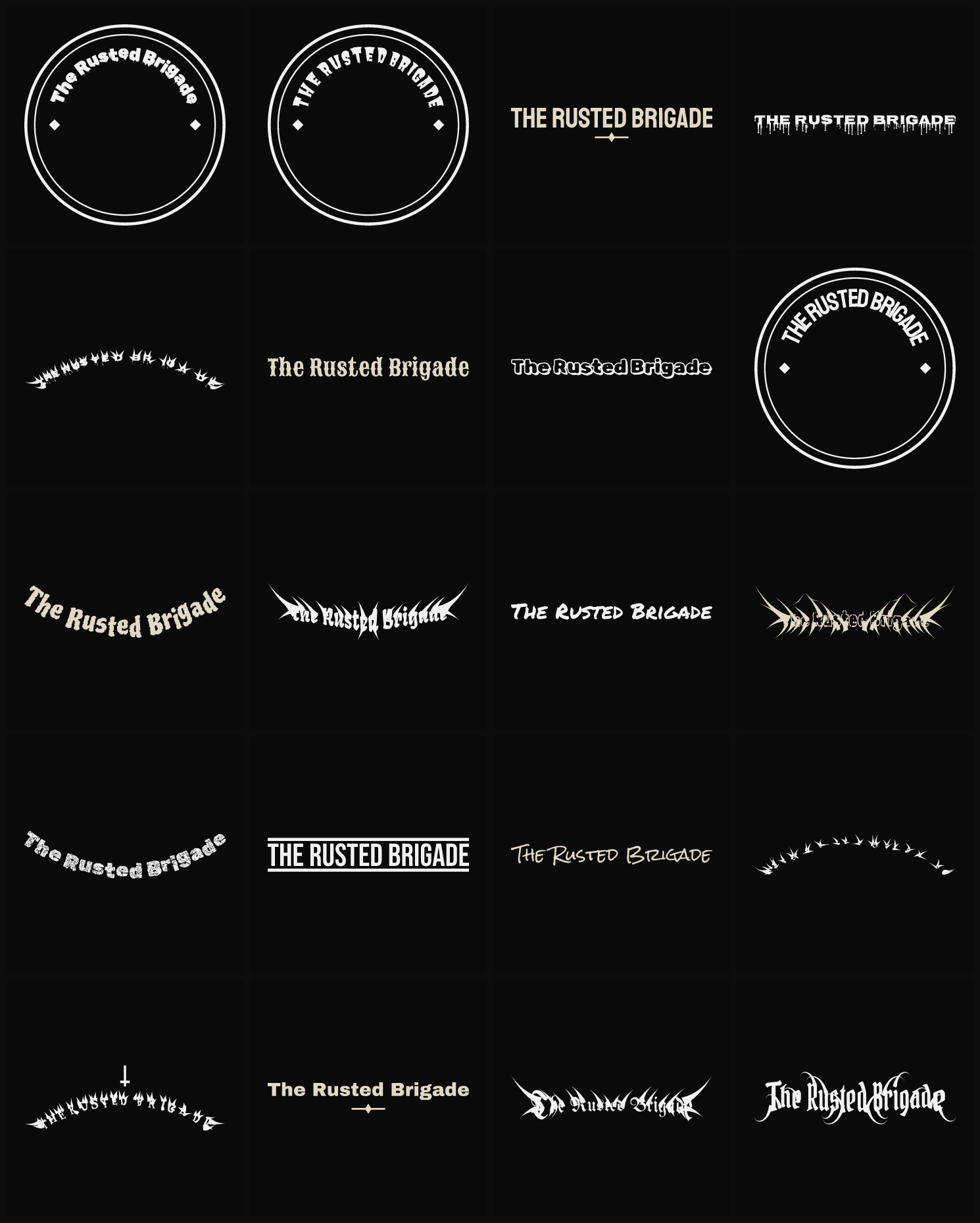 Twenty The Rusted Brigade band logo ideas — different faces, treatments and spike settings