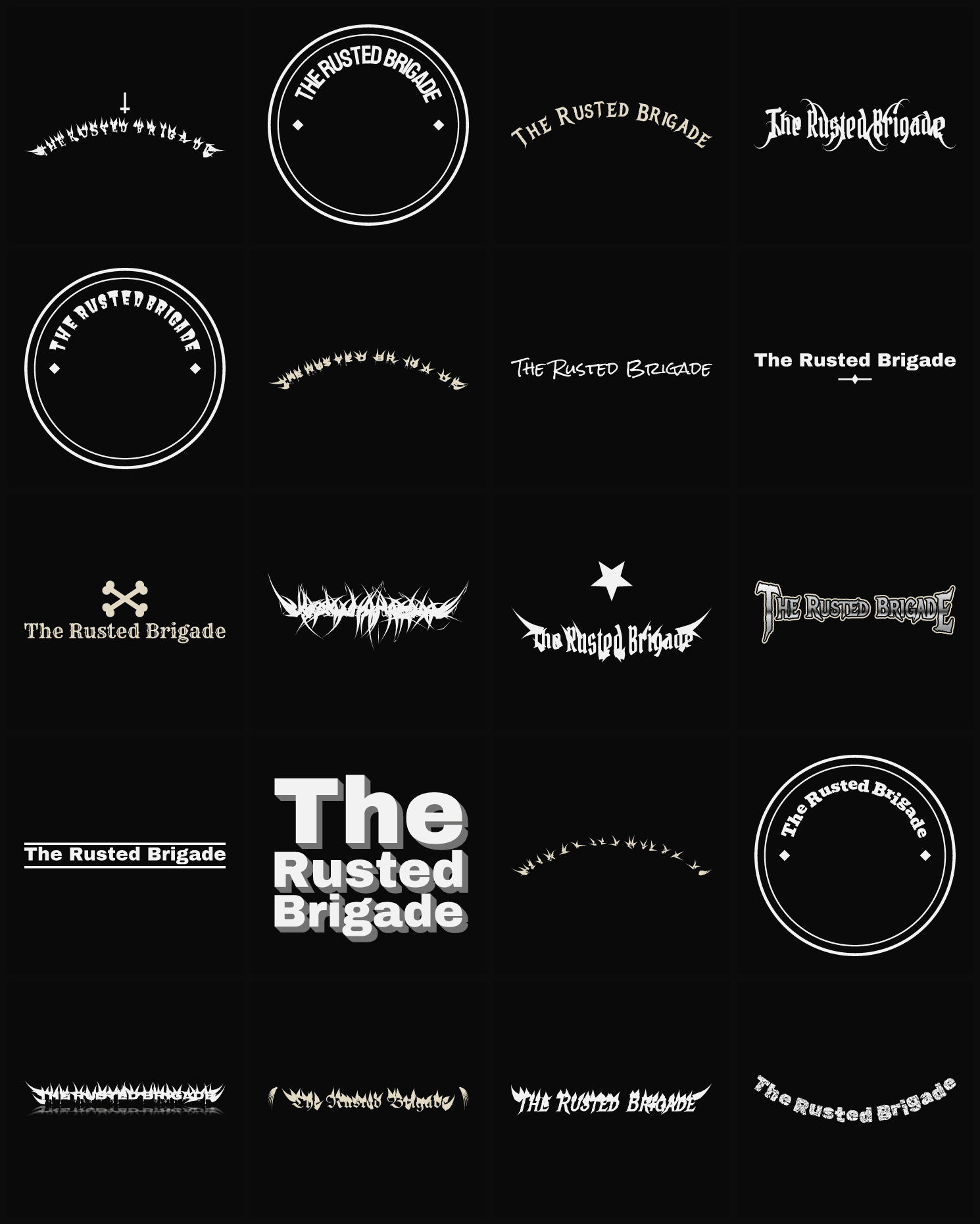 Twenty The Rusted Brigade band logo ideas — different faces, treatments and spike settings