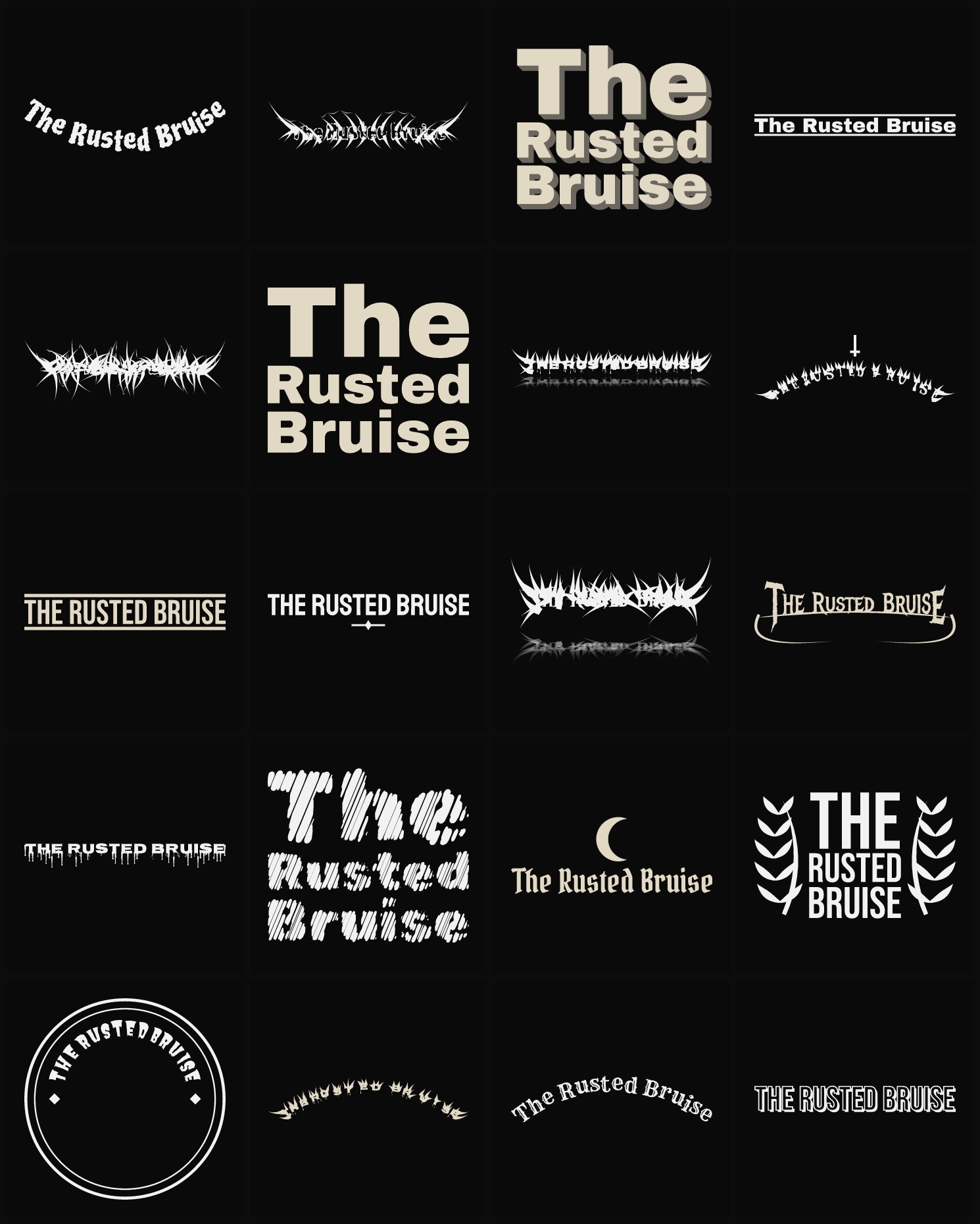 Twenty The Rusted Bruise band logo ideas — different faces, treatments and spike settings