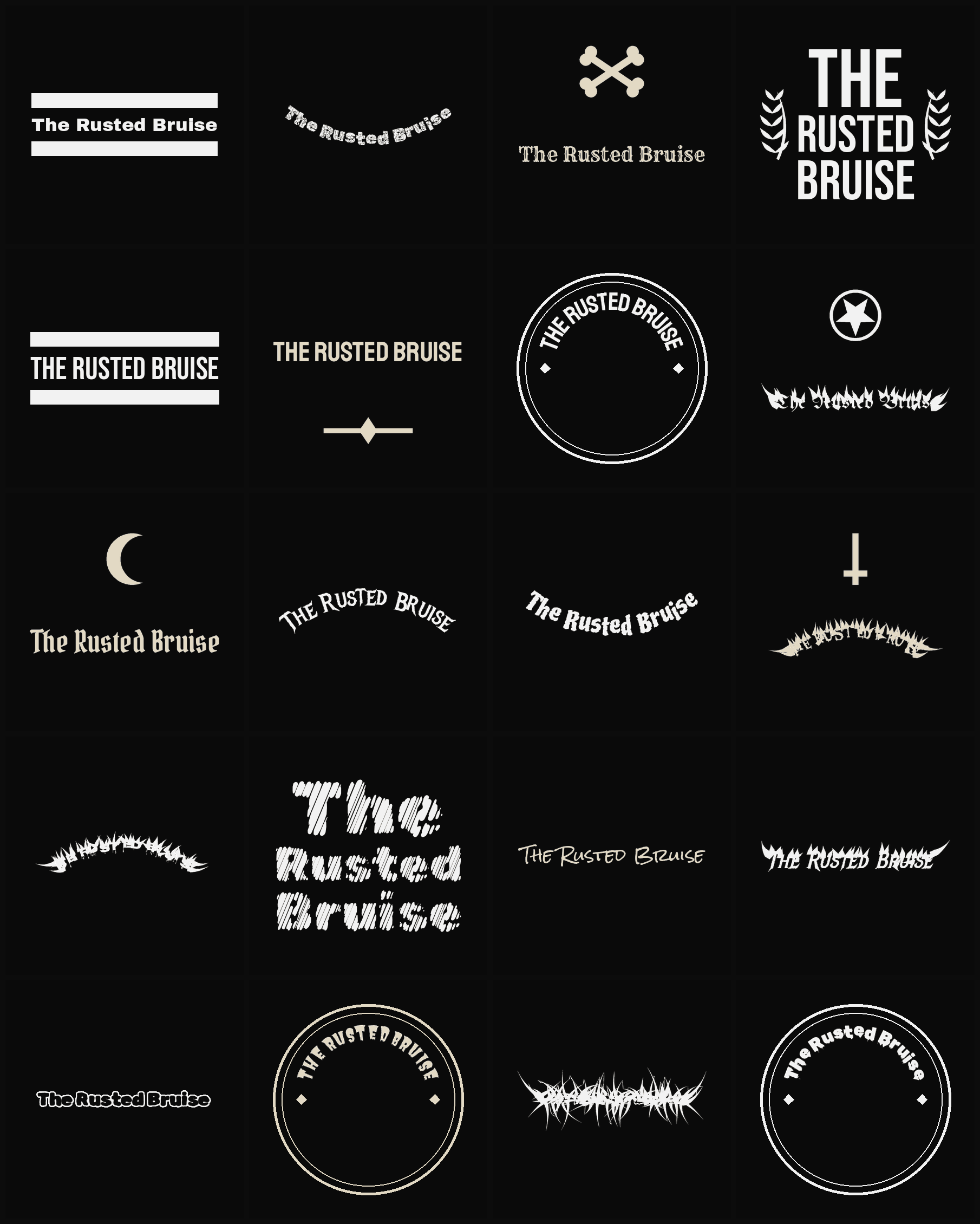 Twenty The Rusted Bruise band logo ideas — different faces, treatments and spike settings
