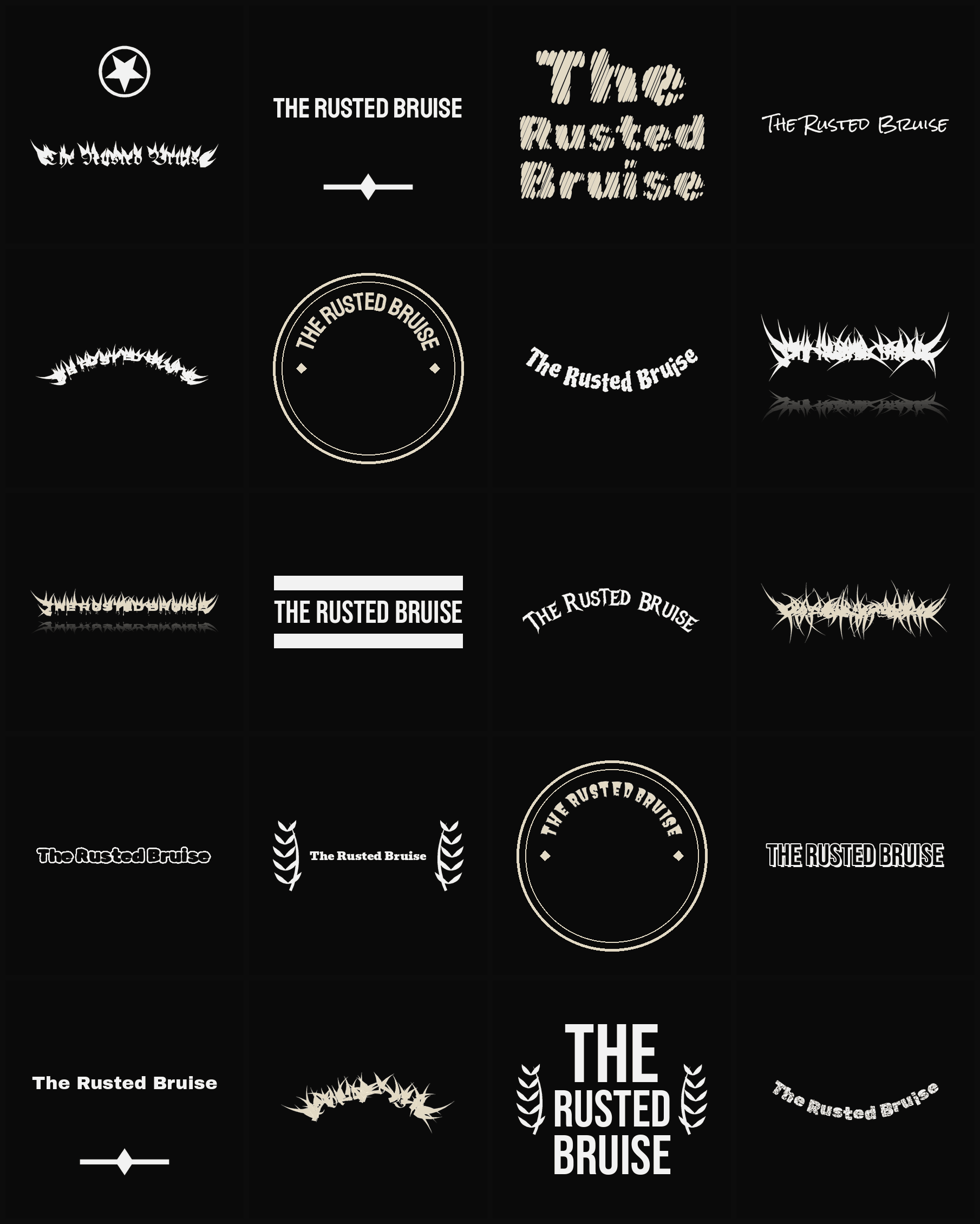 Twenty The Rusted Bruise band logo ideas — different faces, treatments and spike settings