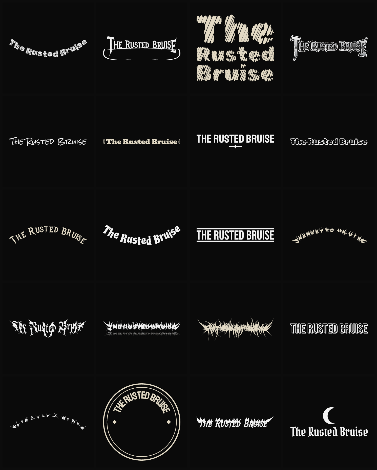 Twenty The Rusted Bruise band logo ideas — different faces, treatments and spike settings