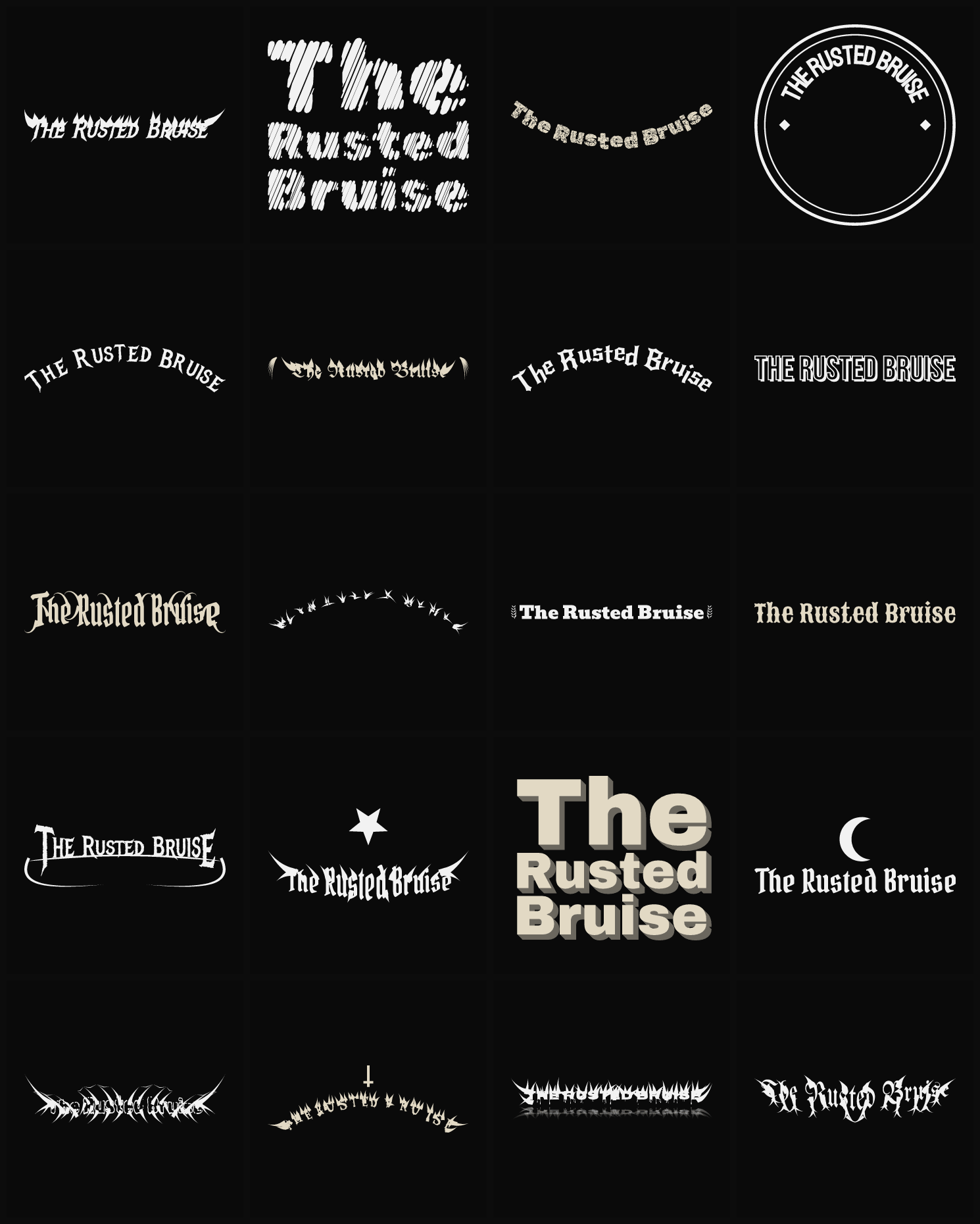 Twenty The Rusted Bruise band logo ideas — different faces, treatments and spike settings