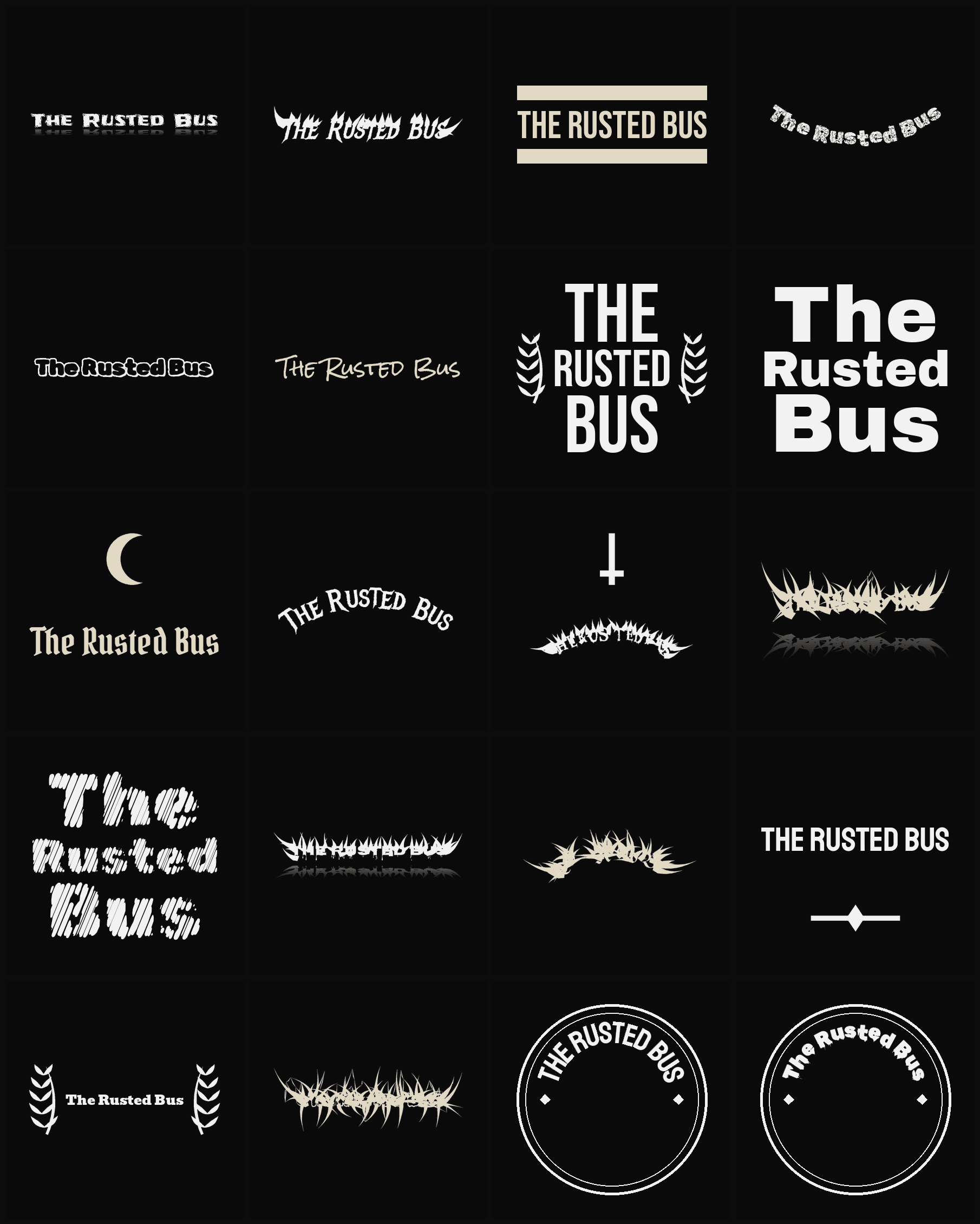 Twenty The Rusted Bus band logo ideas — different faces, treatments and spike settings
