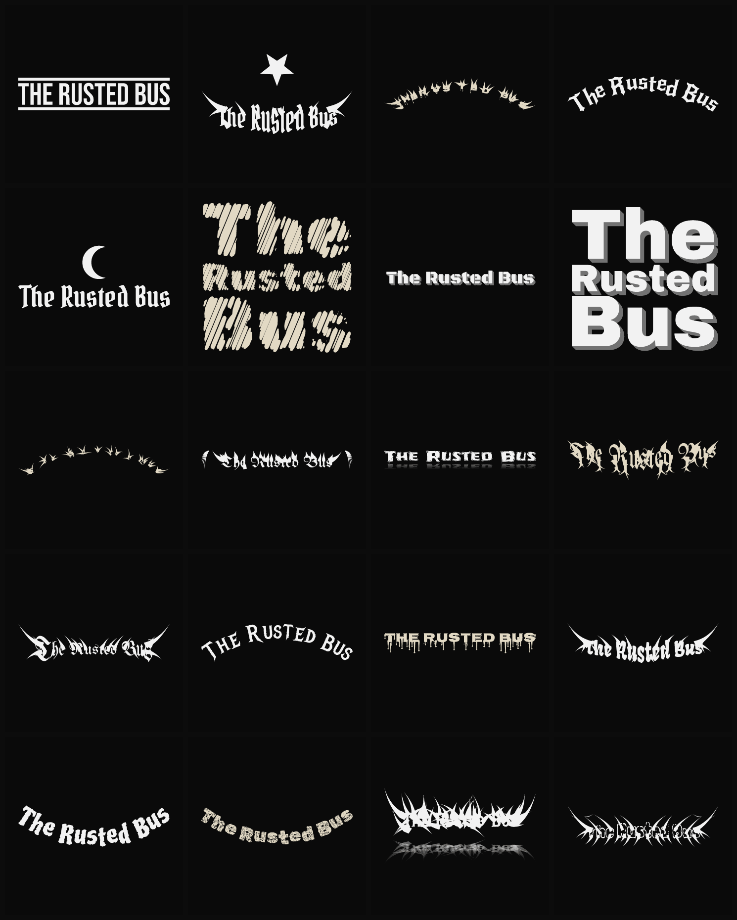 Twenty The Rusted Bus band logo ideas — different faces, treatments and spike settings