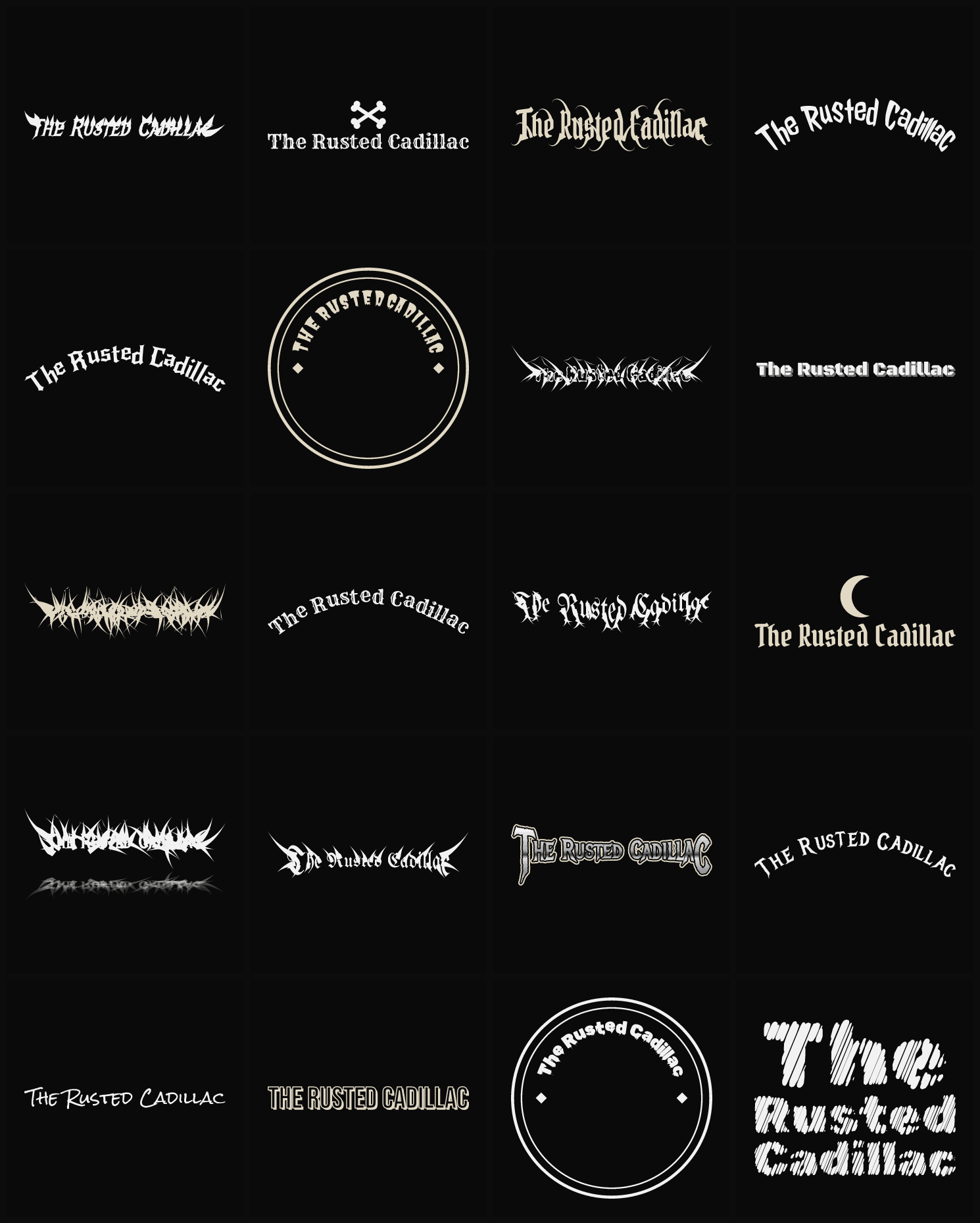 Twenty The Rusted Cadillac band logo ideas — different faces, treatments and spike settings