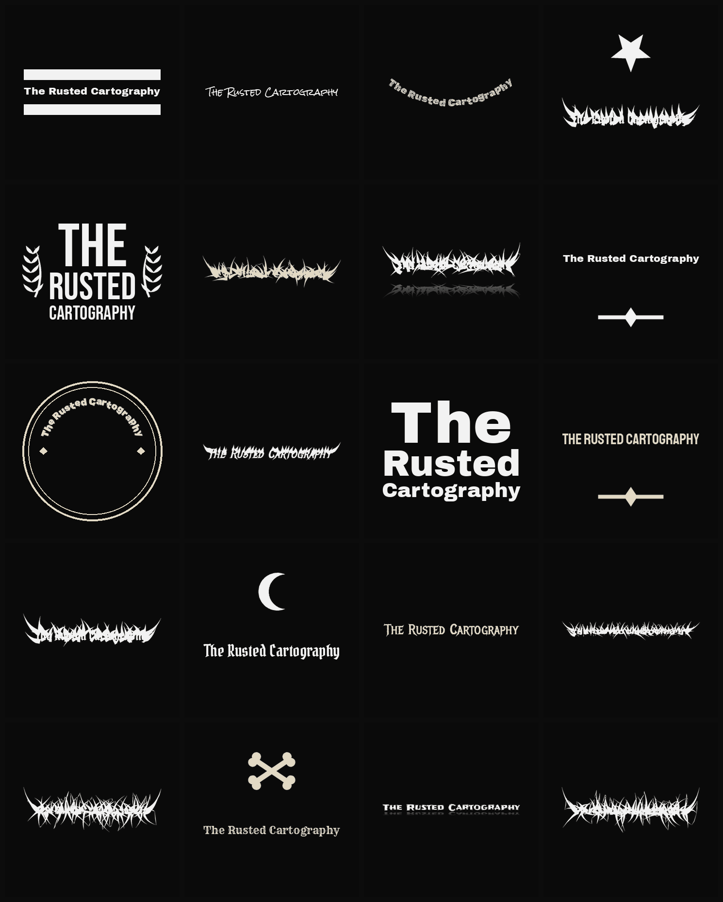Twenty The Rusted Cartography band logo ideas — different faces, treatments and spike settings