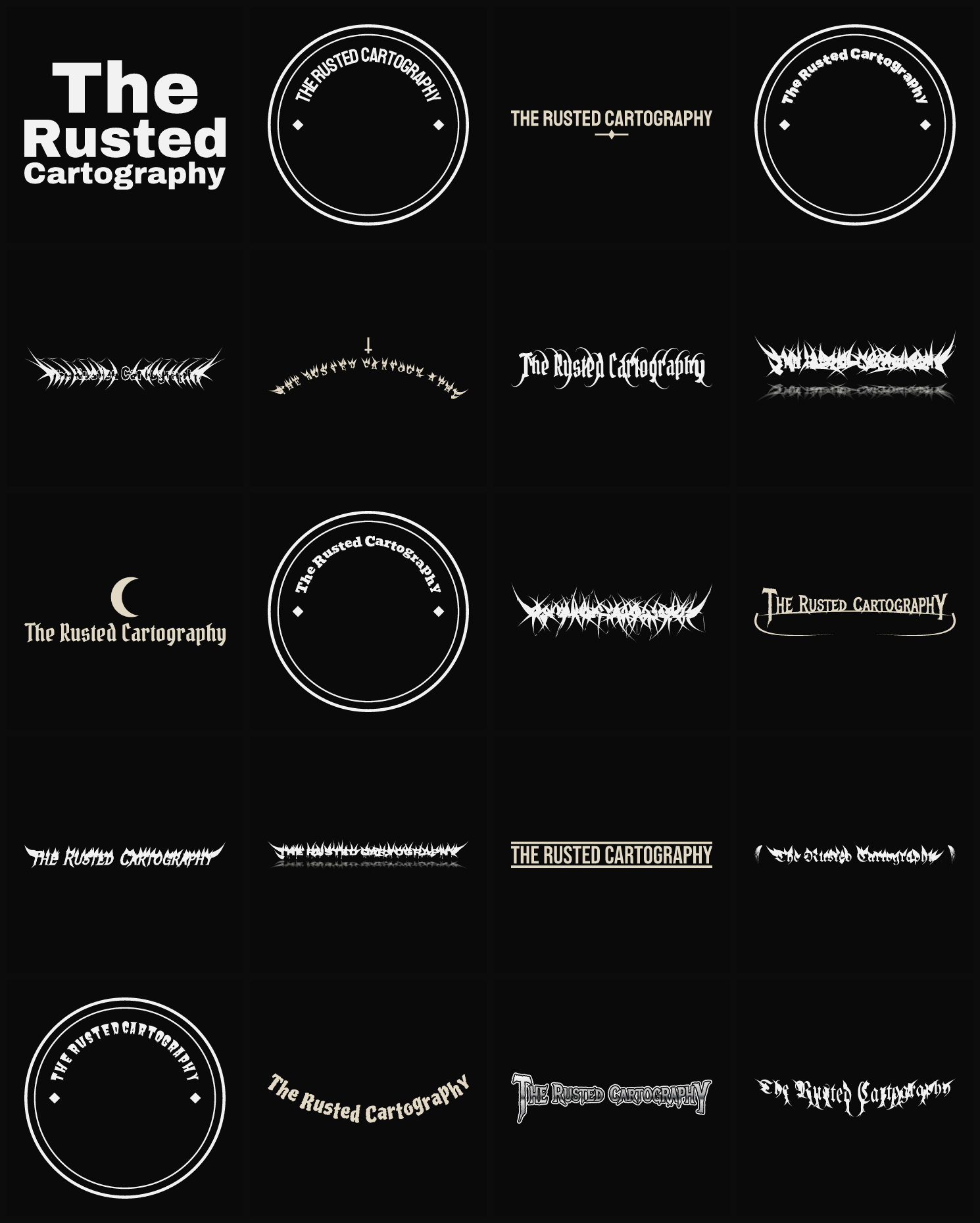 Twenty The Rusted Cartography band logo ideas — different faces, treatments and spike settings