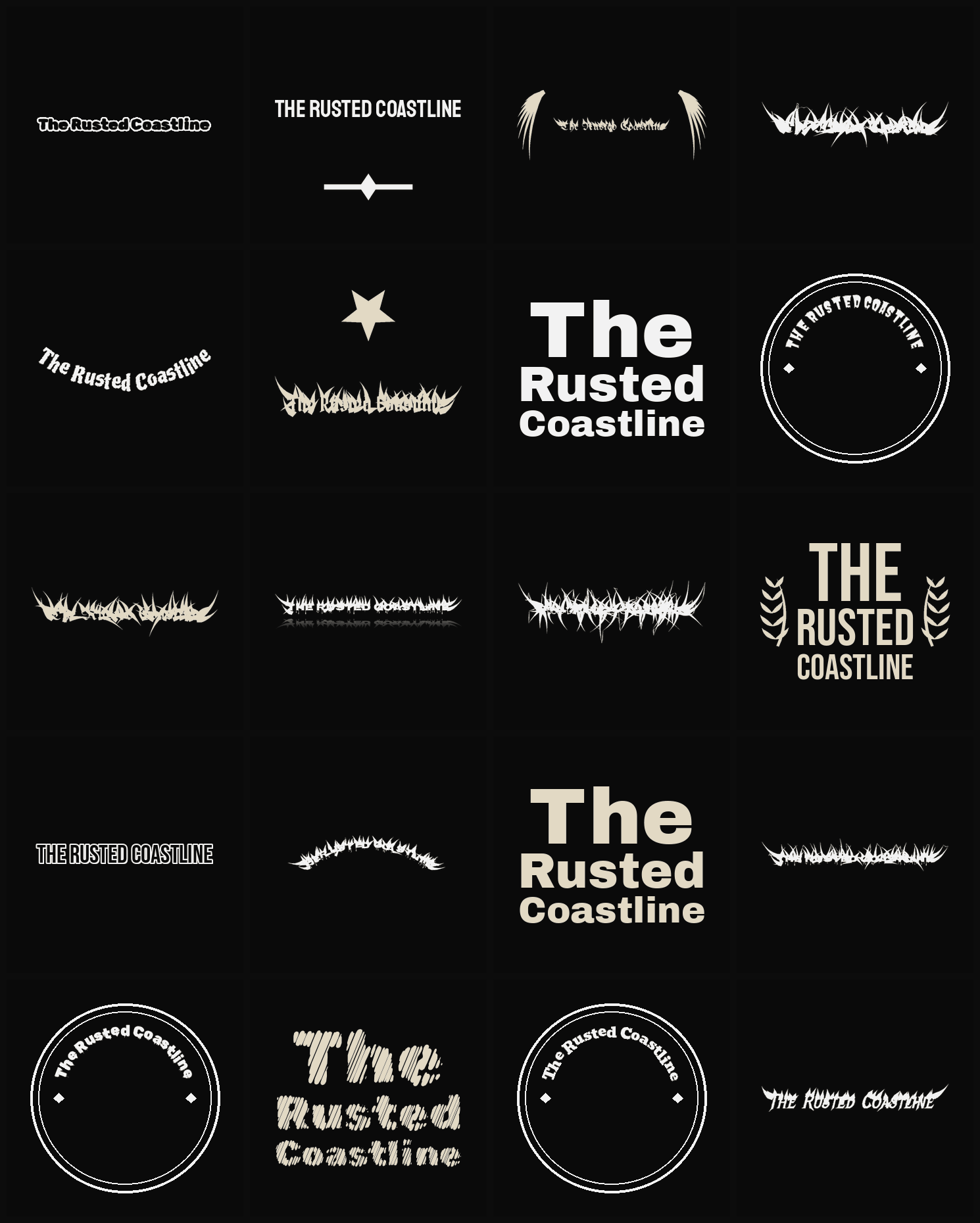 Twenty The Rusted Coastline band logo ideas — different faces, treatments and spike settings