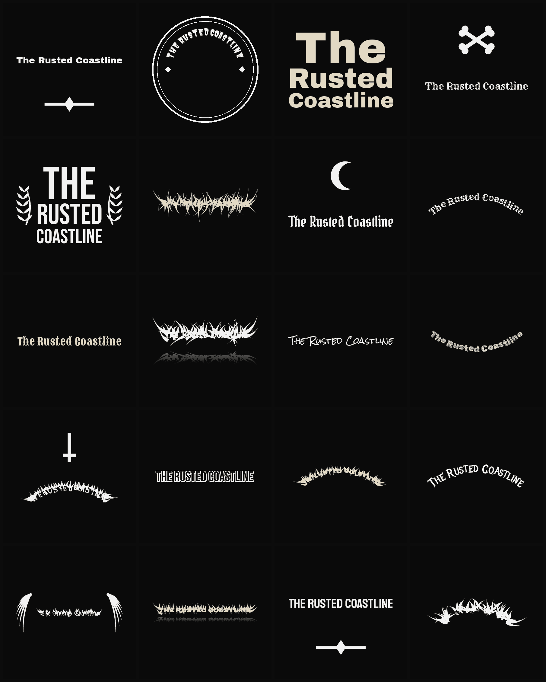 Twenty The Rusted Coastline band logo ideas — different faces, treatments and spike settings