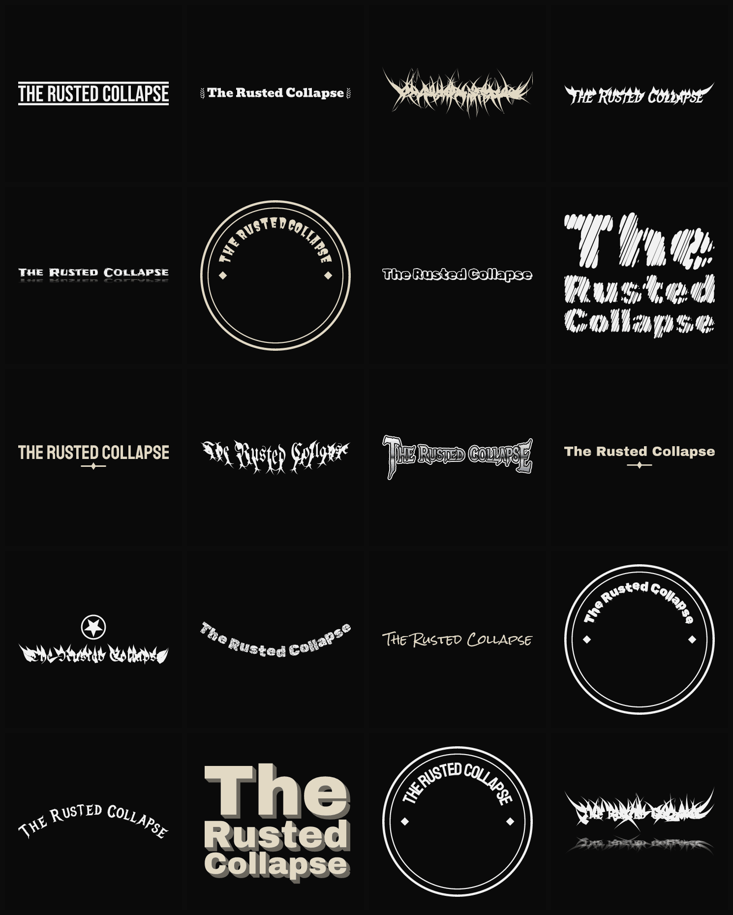 Twenty The Rusted Collapse band logo ideas — different faces, treatments and spike settings