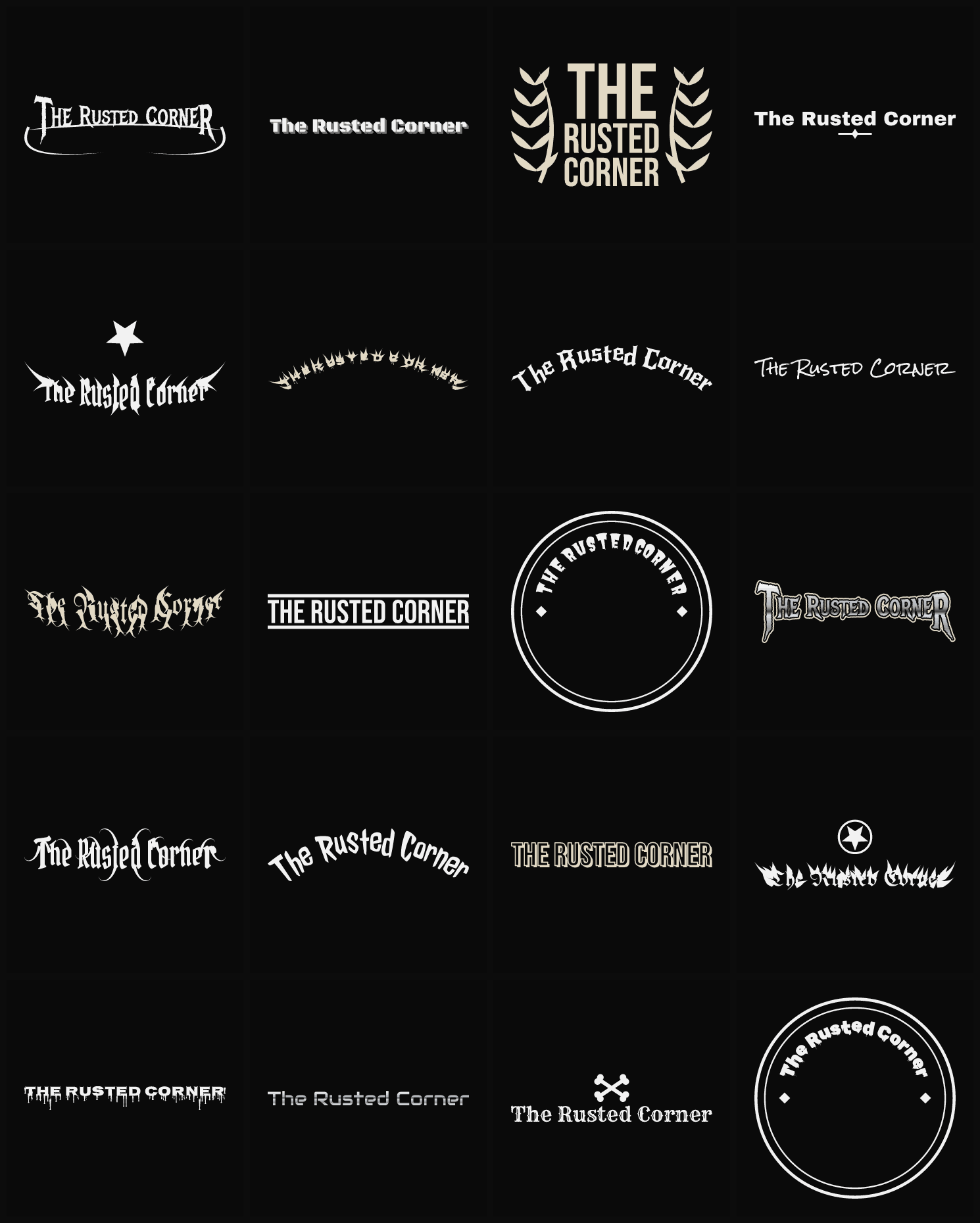 Twenty The Rusted Corner band logo ideas — different faces, treatments and spike settings