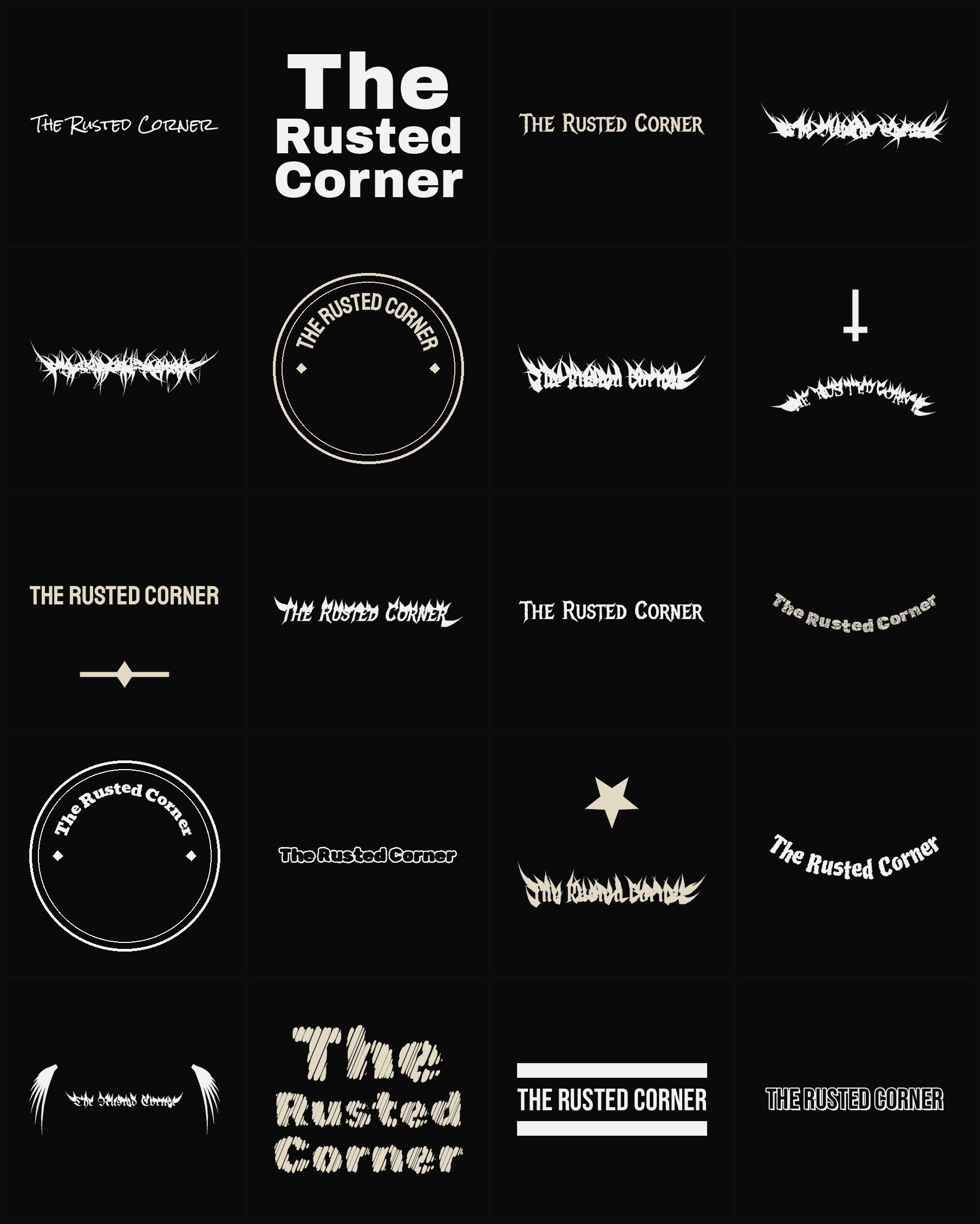 Twenty The Rusted Corner band logo ideas — different faces, treatments and spike settings