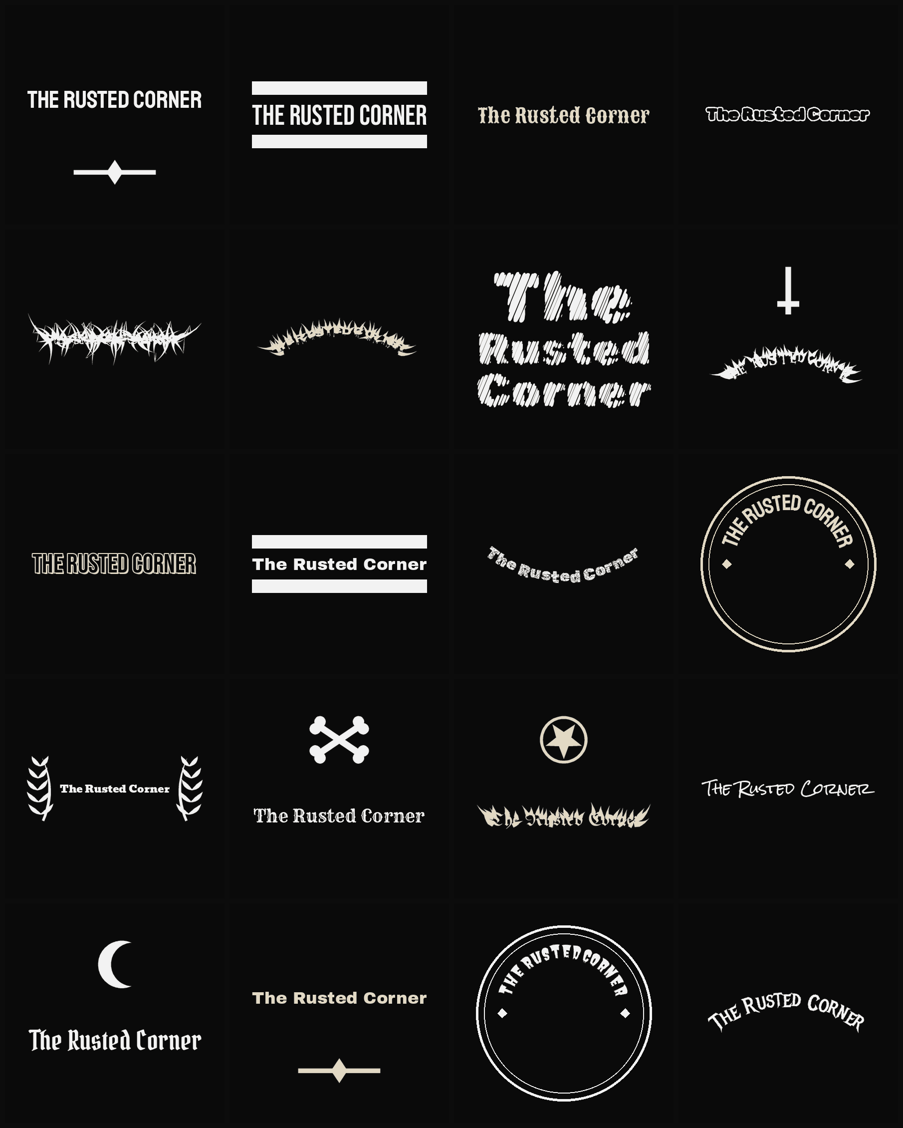 Twenty The Rusted Corner band logo ideas — different faces, treatments and spike settings