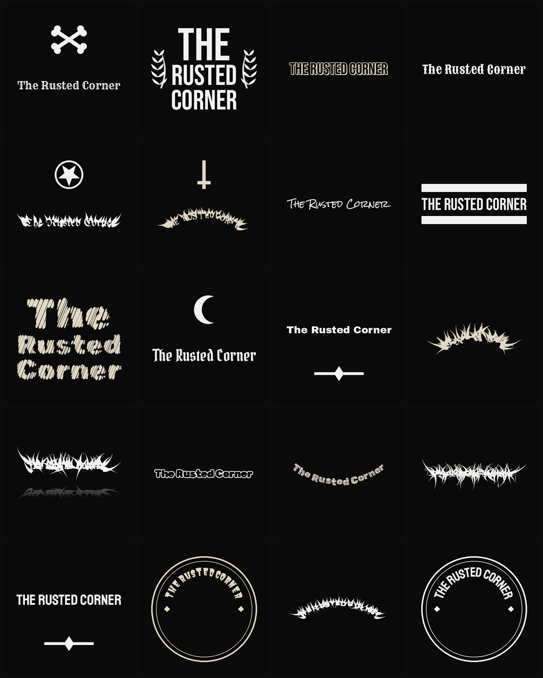 Twenty The Rusted Corner band logo ideas — different faces, treatments and spike settings