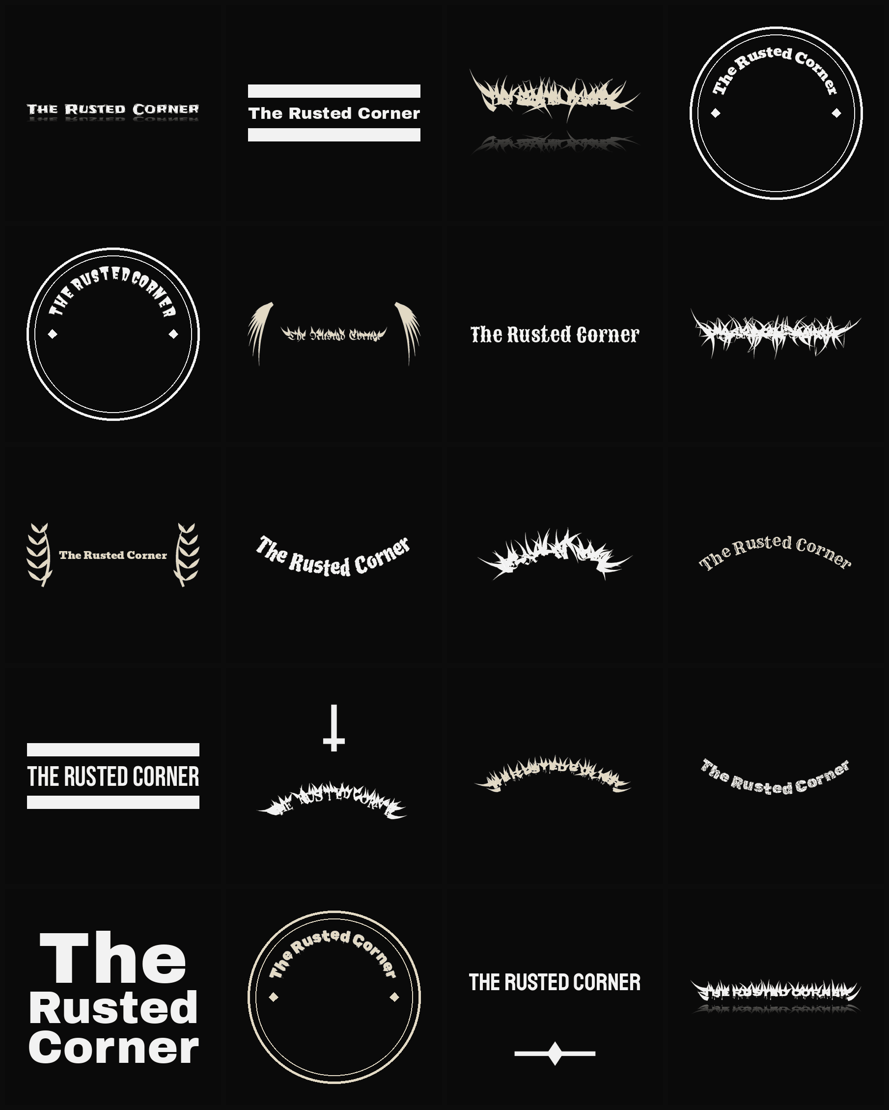 Twenty The Rusted Corner band logo ideas — different faces, treatments and spike settings
