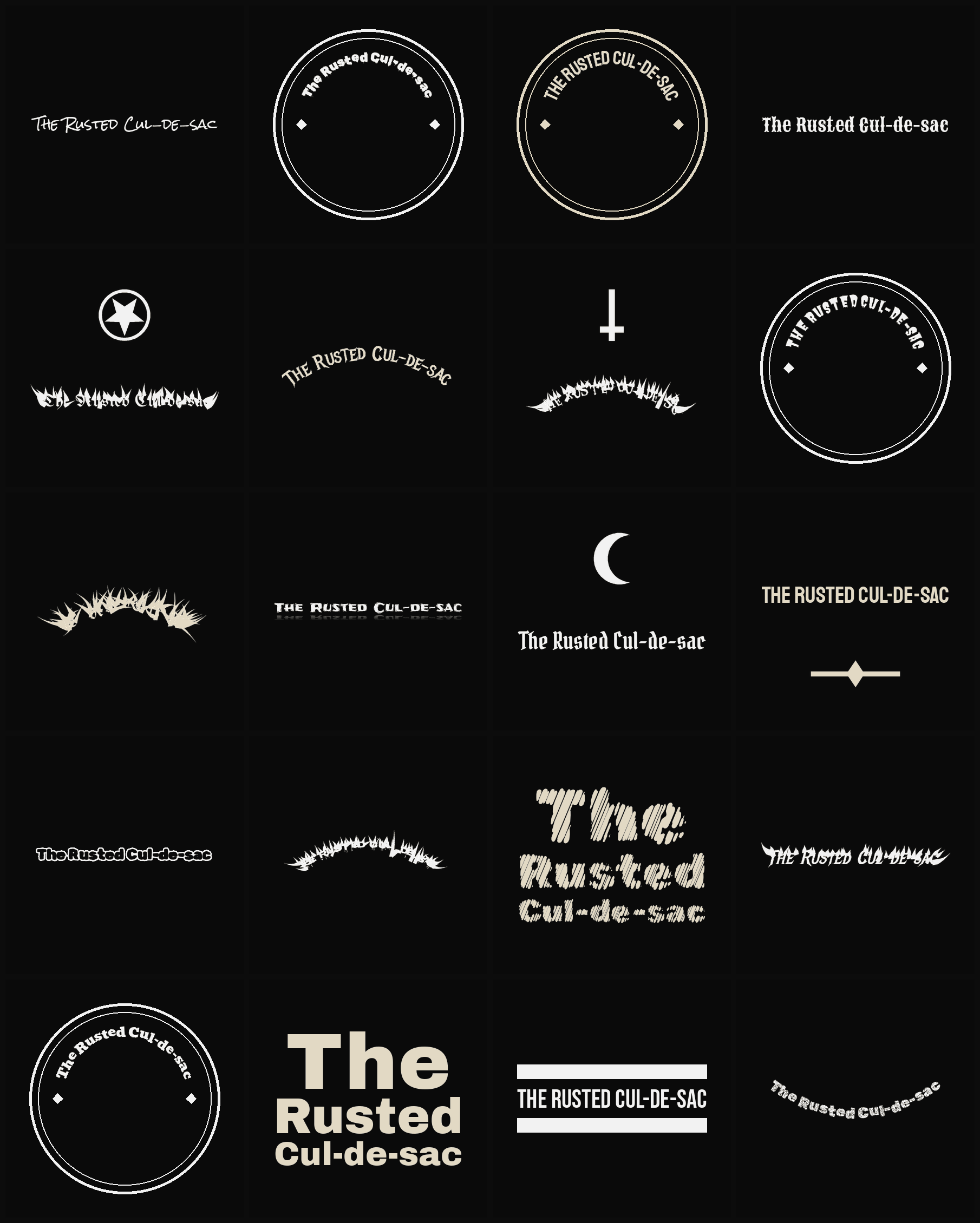 Twenty The Rusted Cul-de-sac band logo ideas — different faces, treatments and spike settings