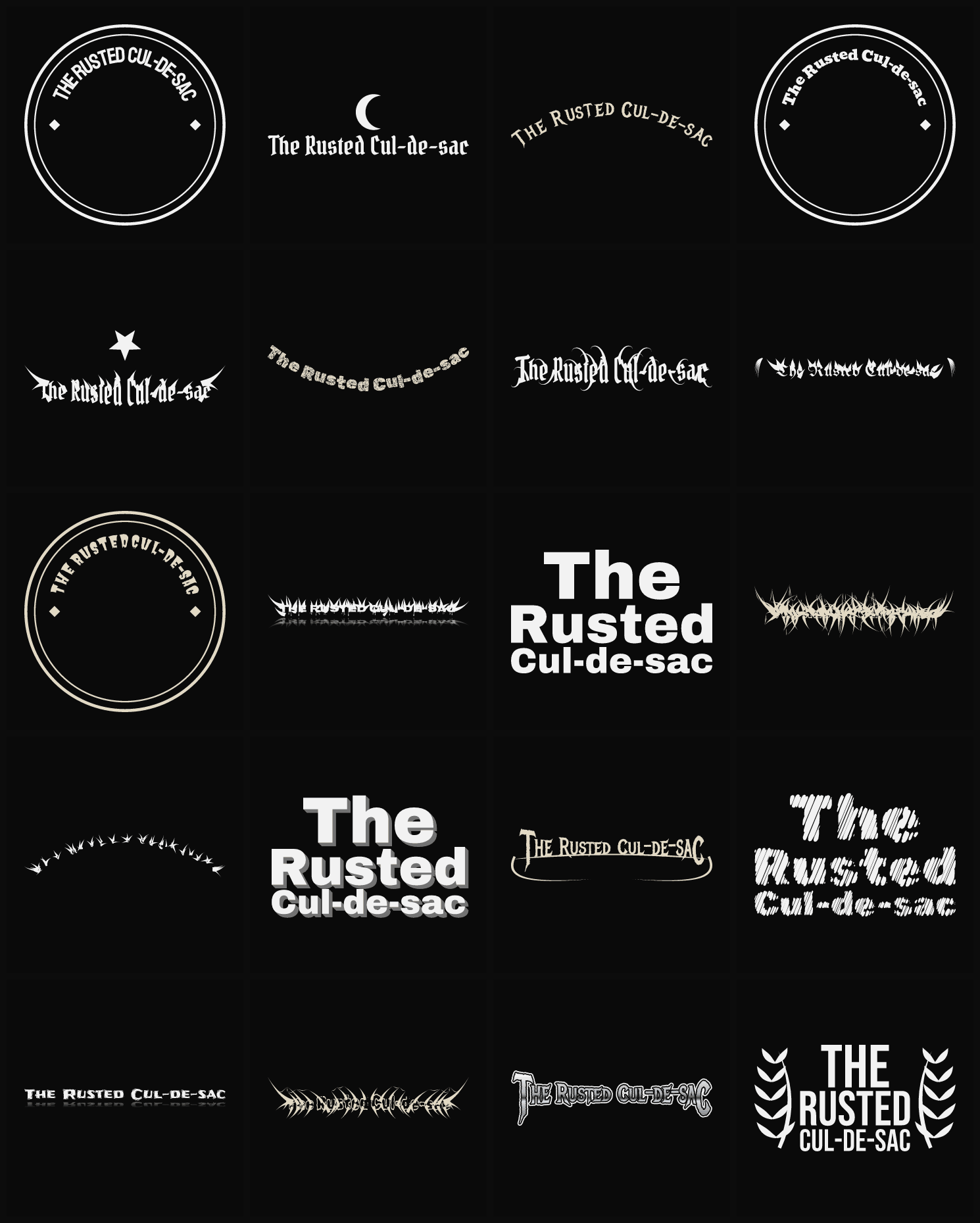 Twenty The Rusted Cul-de-sac band logo ideas — different faces, treatments and spike settings