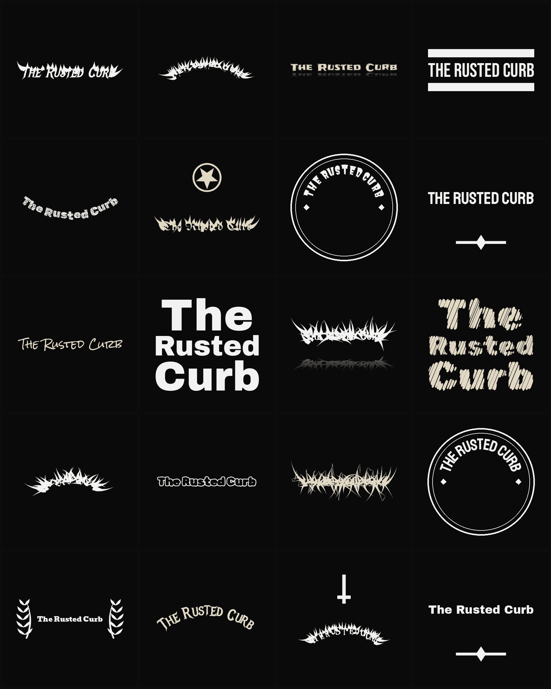 Twenty The Rusted Curb band logo ideas — different faces, treatments and spike settings