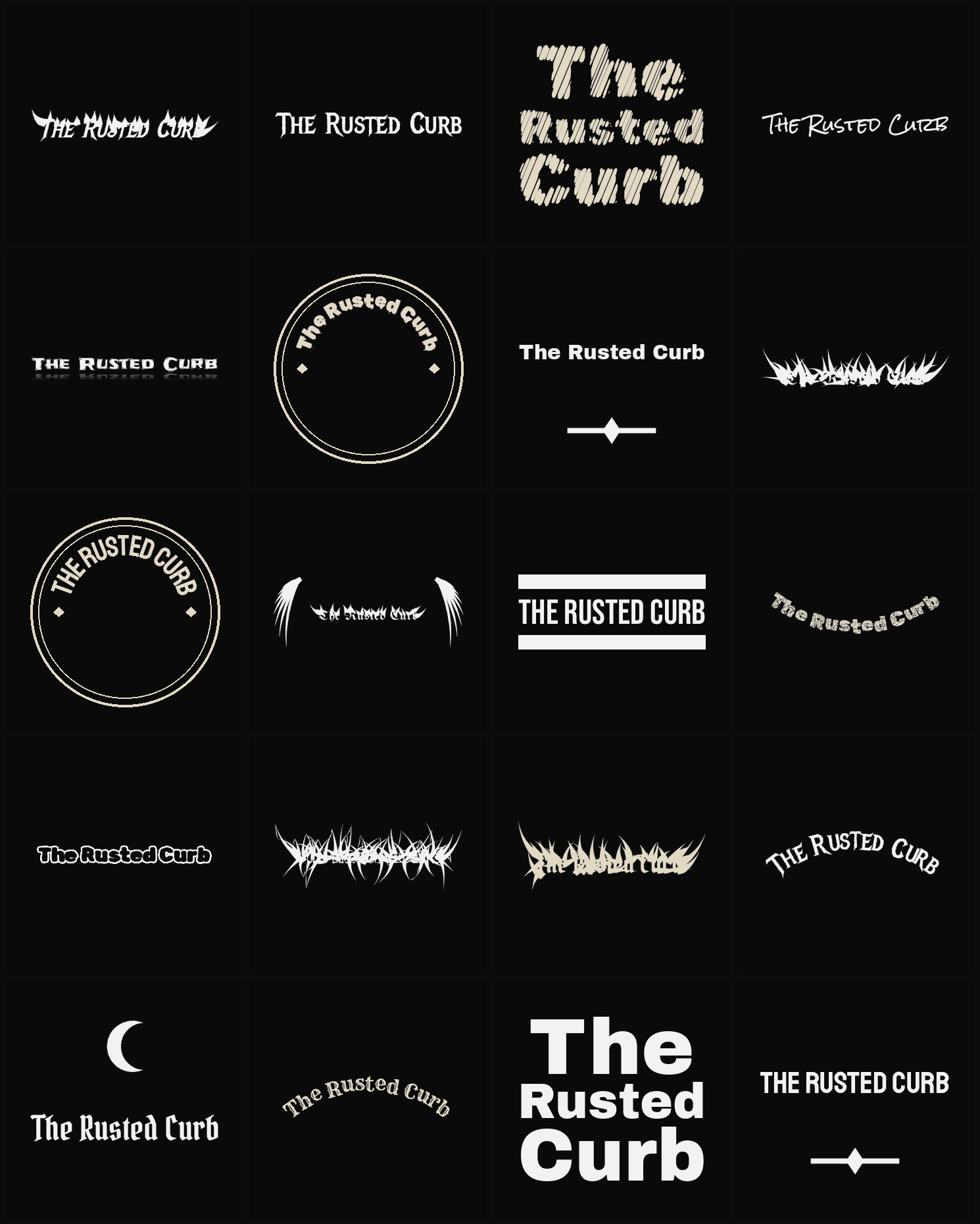 Twenty The Rusted Curb band logo ideas — different faces, treatments and spike settings