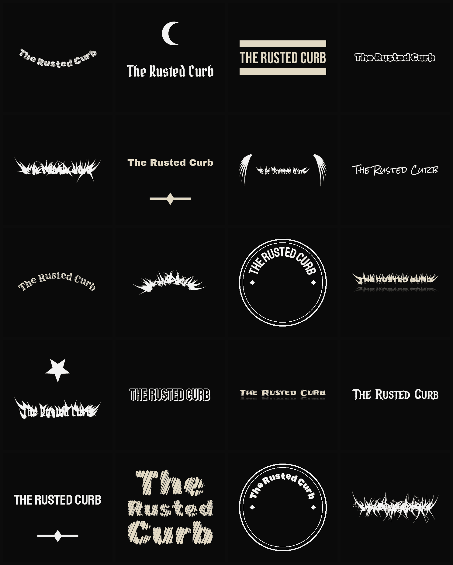 Twenty The Rusted Curb band logo ideas — different faces, treatments and spike settings