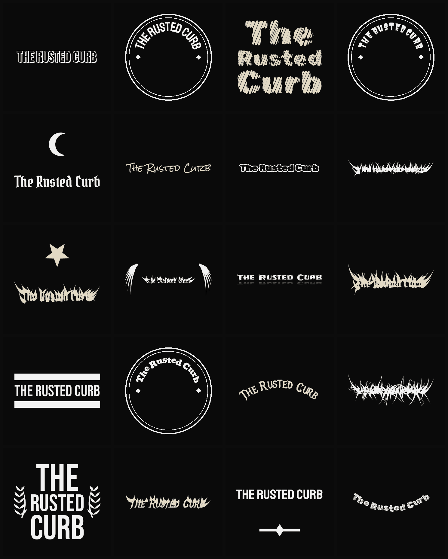 Twenty The Rusted Curb band logo ideas — different faces, treatments and spike settings