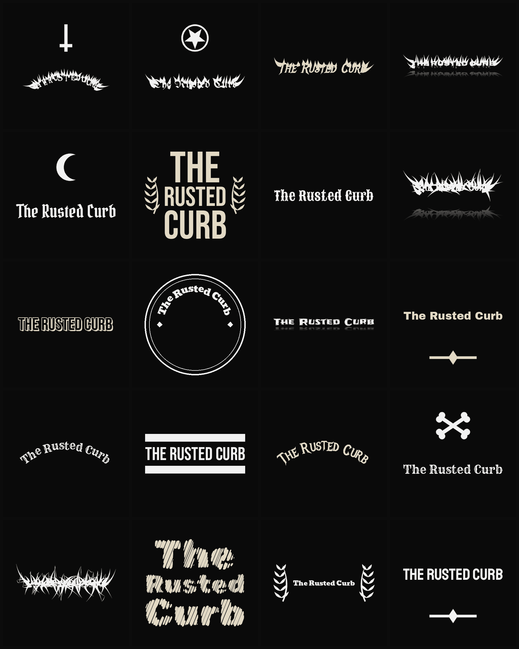 Twenty The Rusted Curb band logo ideas — different faces, treatments and spike settings