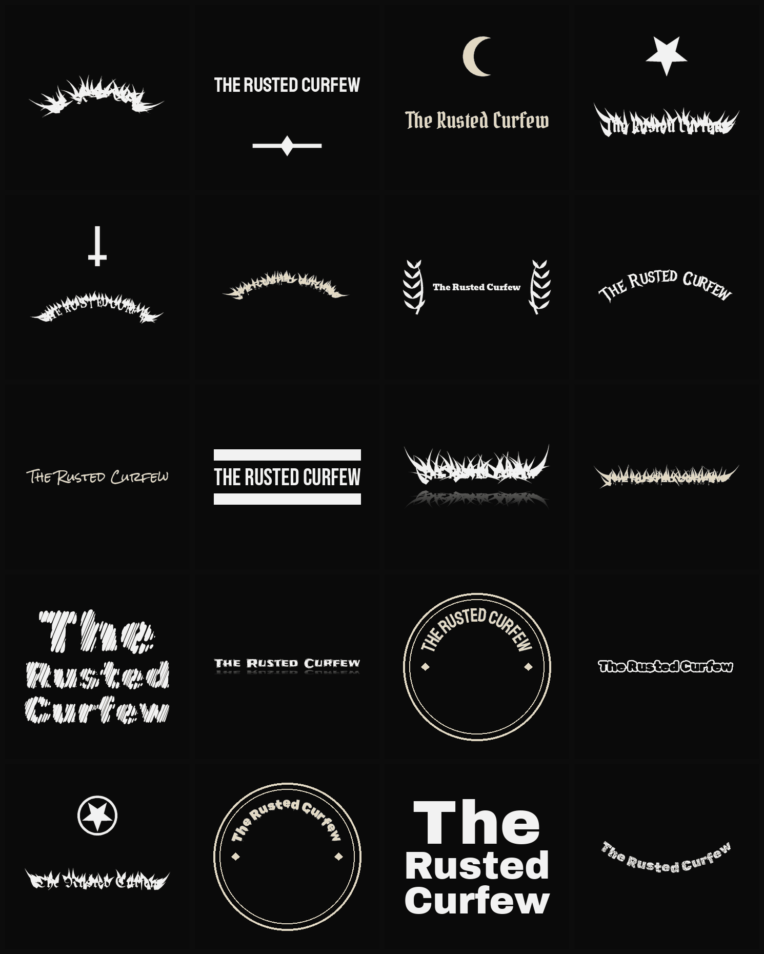 Twenty The Rusted Curfew band logo ideas — different faces, treatments and spike settings