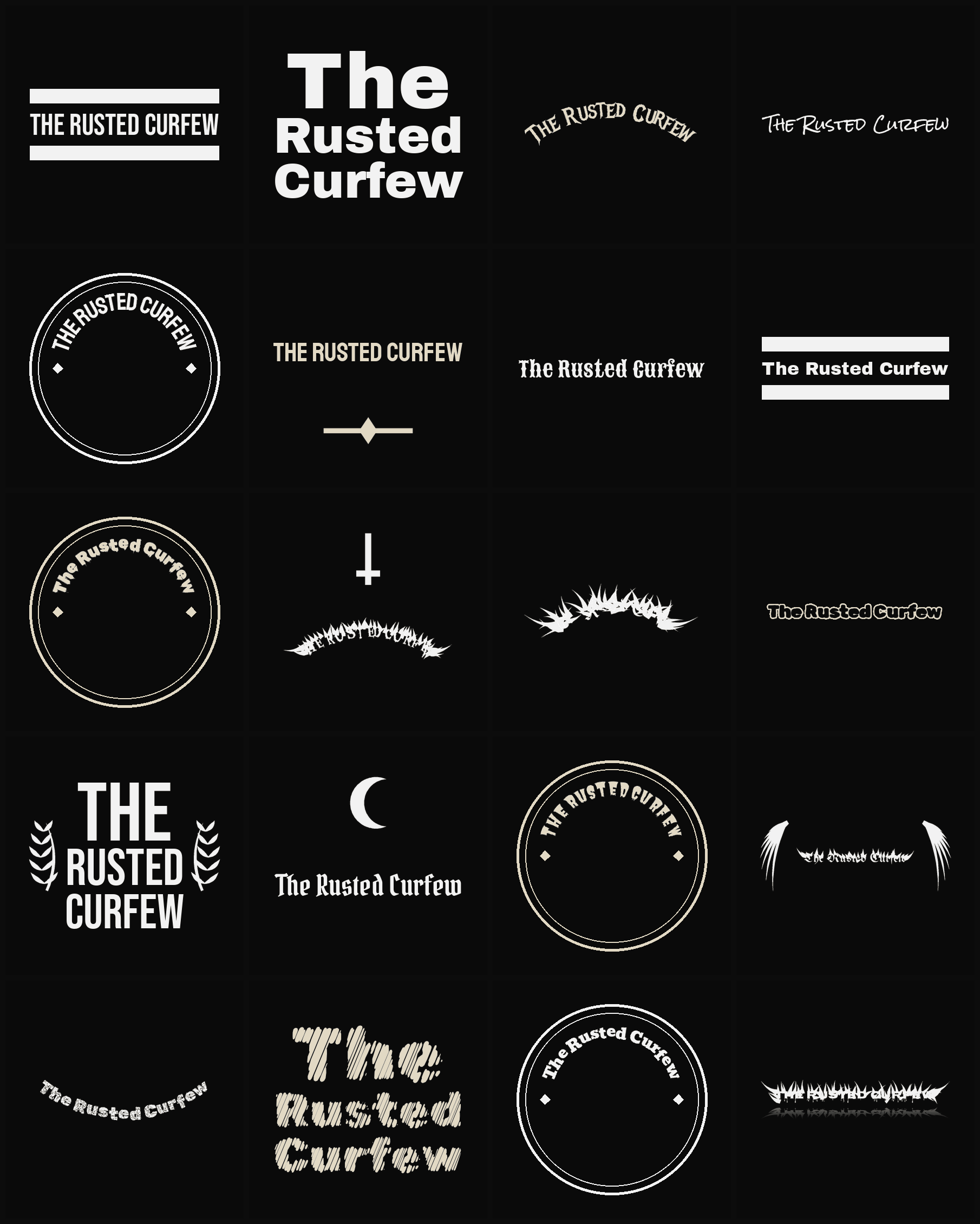 Twenty The Rusted Curfew band logo ideas — different faces, treatments and spike settings
